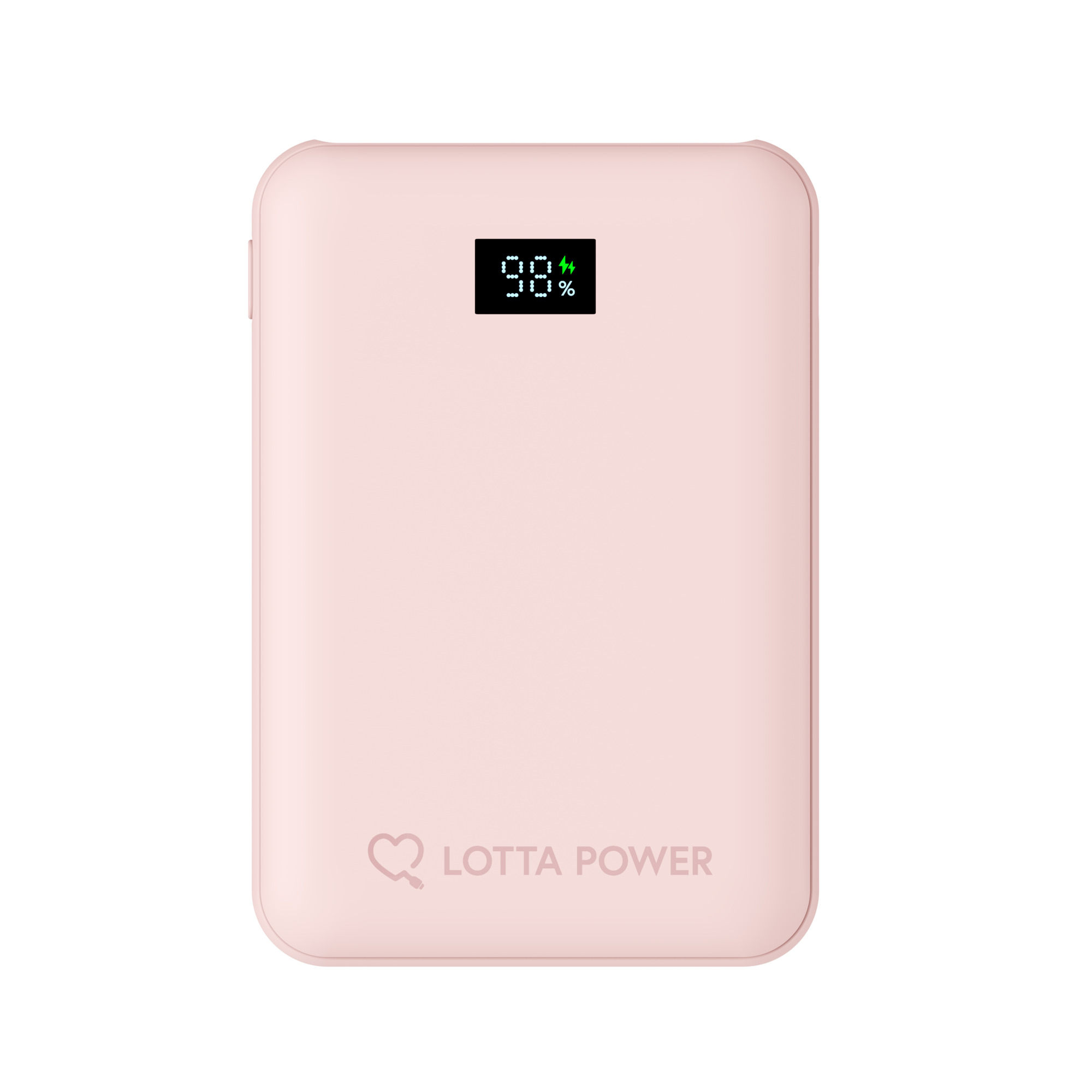 Eine rosafarbene Powerbank mit digitaler 98%-Anzeige und dem Text LOTTA POWER.