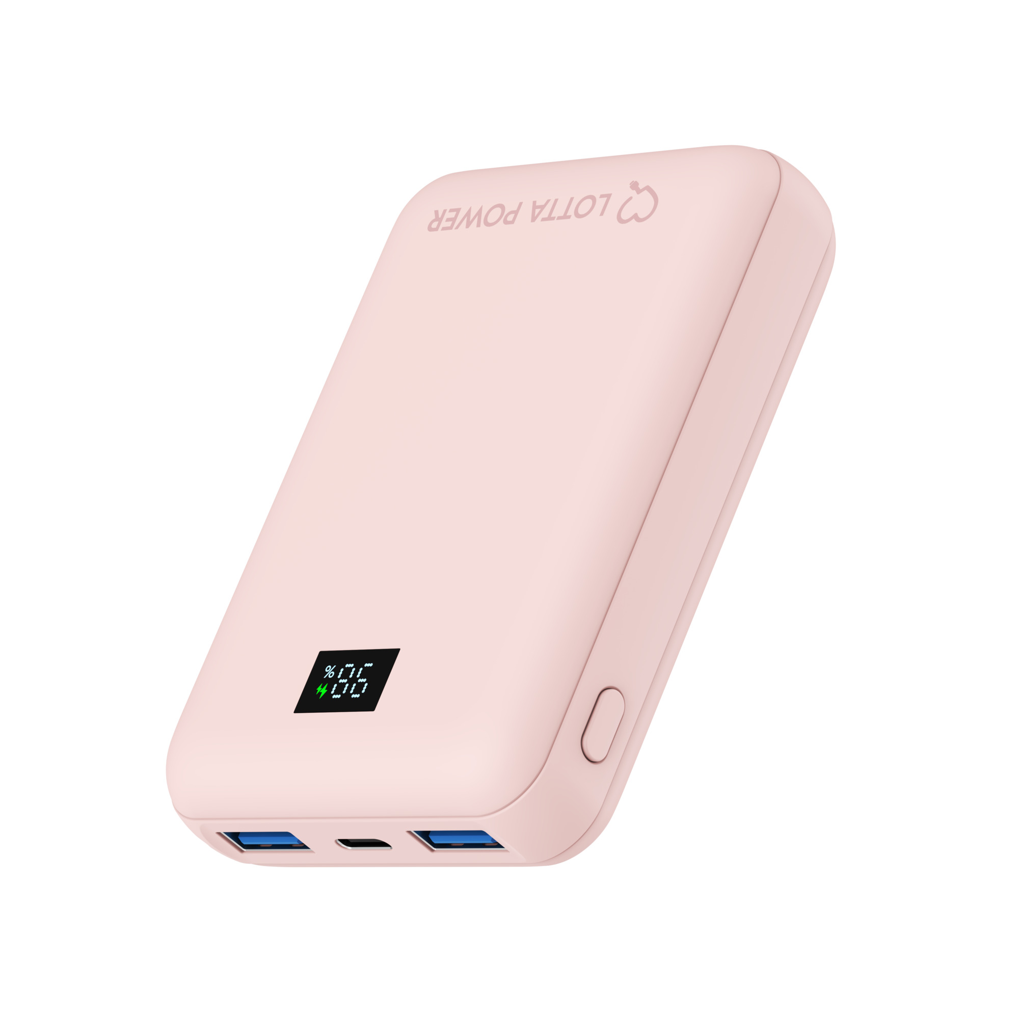 Rosa Powerbank mit LED-Display und zwei USB-Anschlüssen vor weißem Hintergrund.
