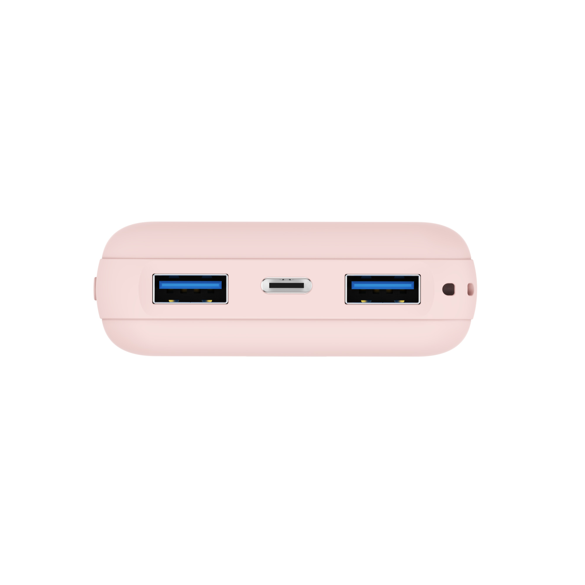 Rosa Powerbank mit zwei USB-A-Ports und einem USB-C-Anschluss auf der Vorderseite vor weißem Hintergrund.