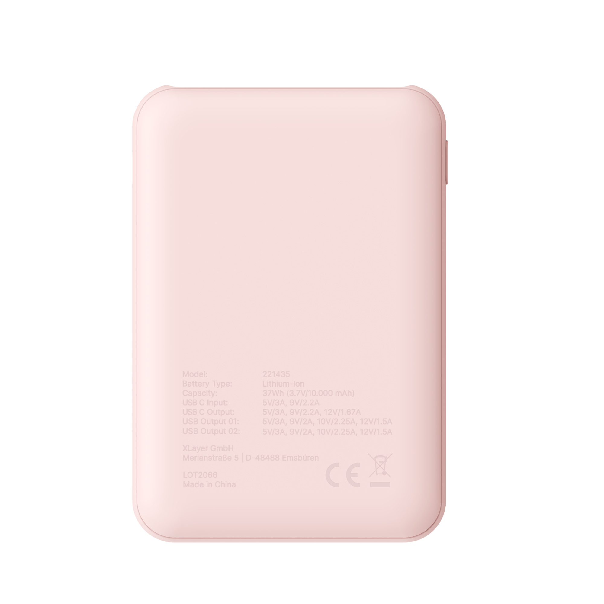 Rückseite einer rosafarbenen Powerbank mit technischen Daten, CE-Kennzeichnung und Herstellerinfos unten.
