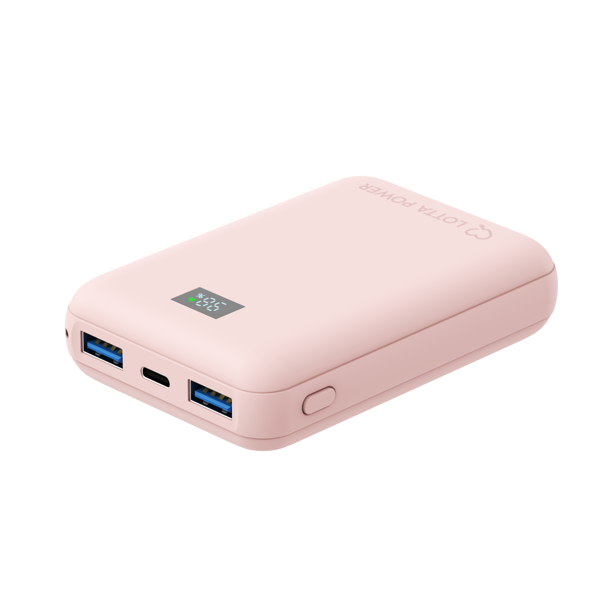 Eine rosafarbene Powerbank mit zwei USB-Anschlüssen, einem C-Port und einem kleinen Display auf einer weißen Oberfläche.