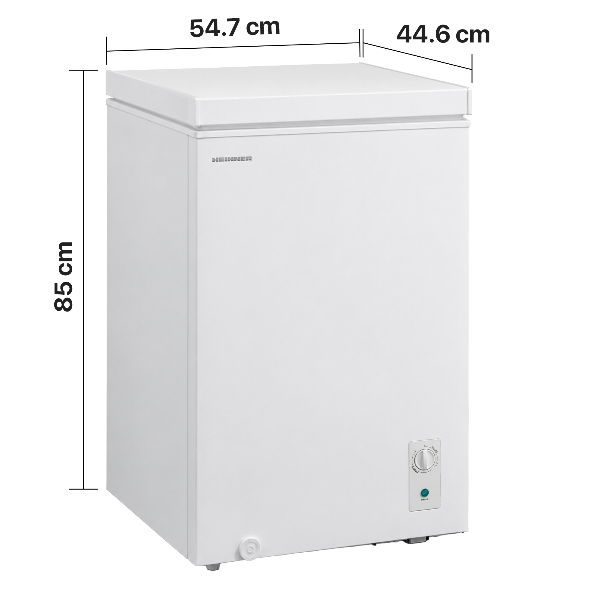 Weisse Gefriertruhe mit Abmessungen von 85x54,7x44,6 cm und einem Temperaturregler unten rechts.