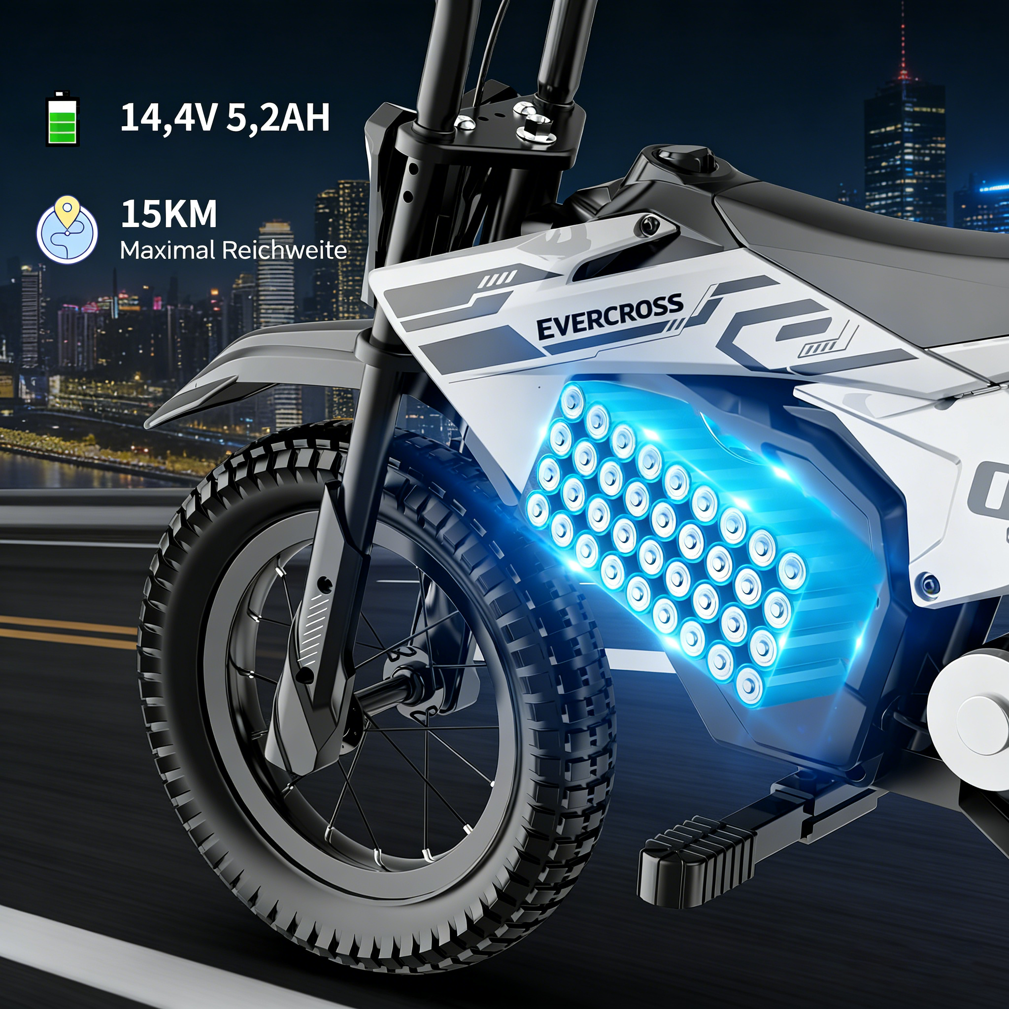 Evercross Elektro-Motorrad auf Straße bei Nacht mit leuchtendem Akku.