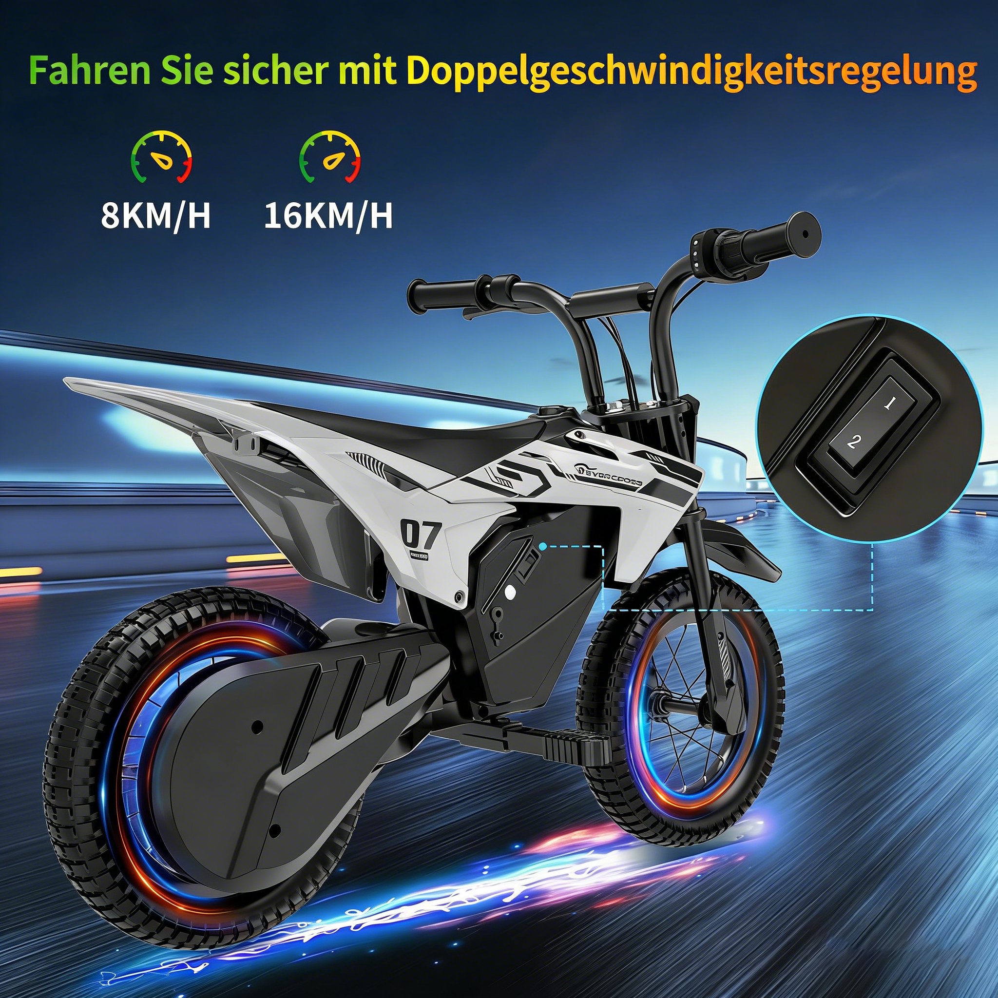 Ein weiß-schwarzes Kinder-Elektromotorrad mit beleuchteten Reifen und einem Geschwindigkeitsregler.