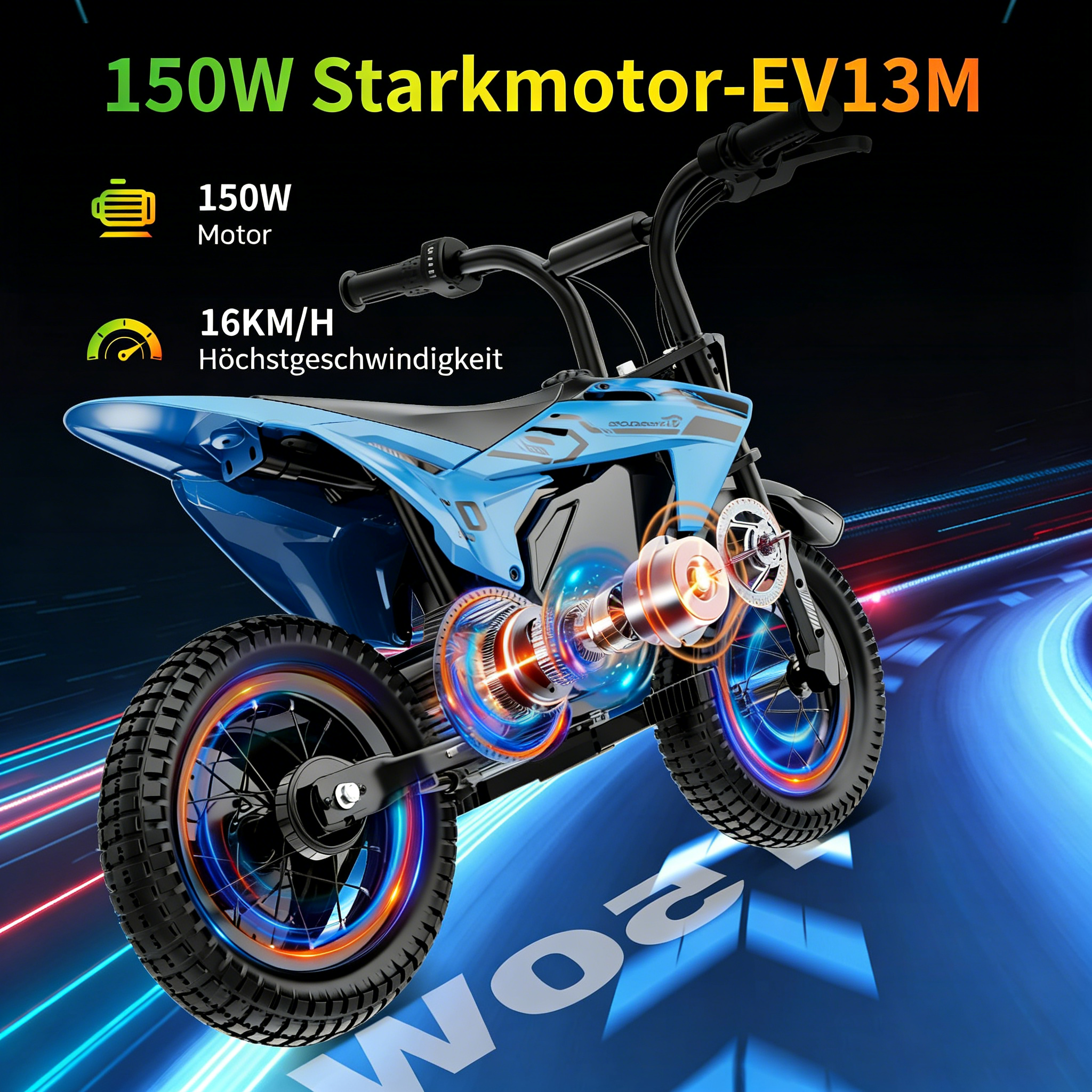 Ein blaues Elektro-Dirt-Bike auf einer leuchtenden Straße mit 150W-Motor und 16 km/h.