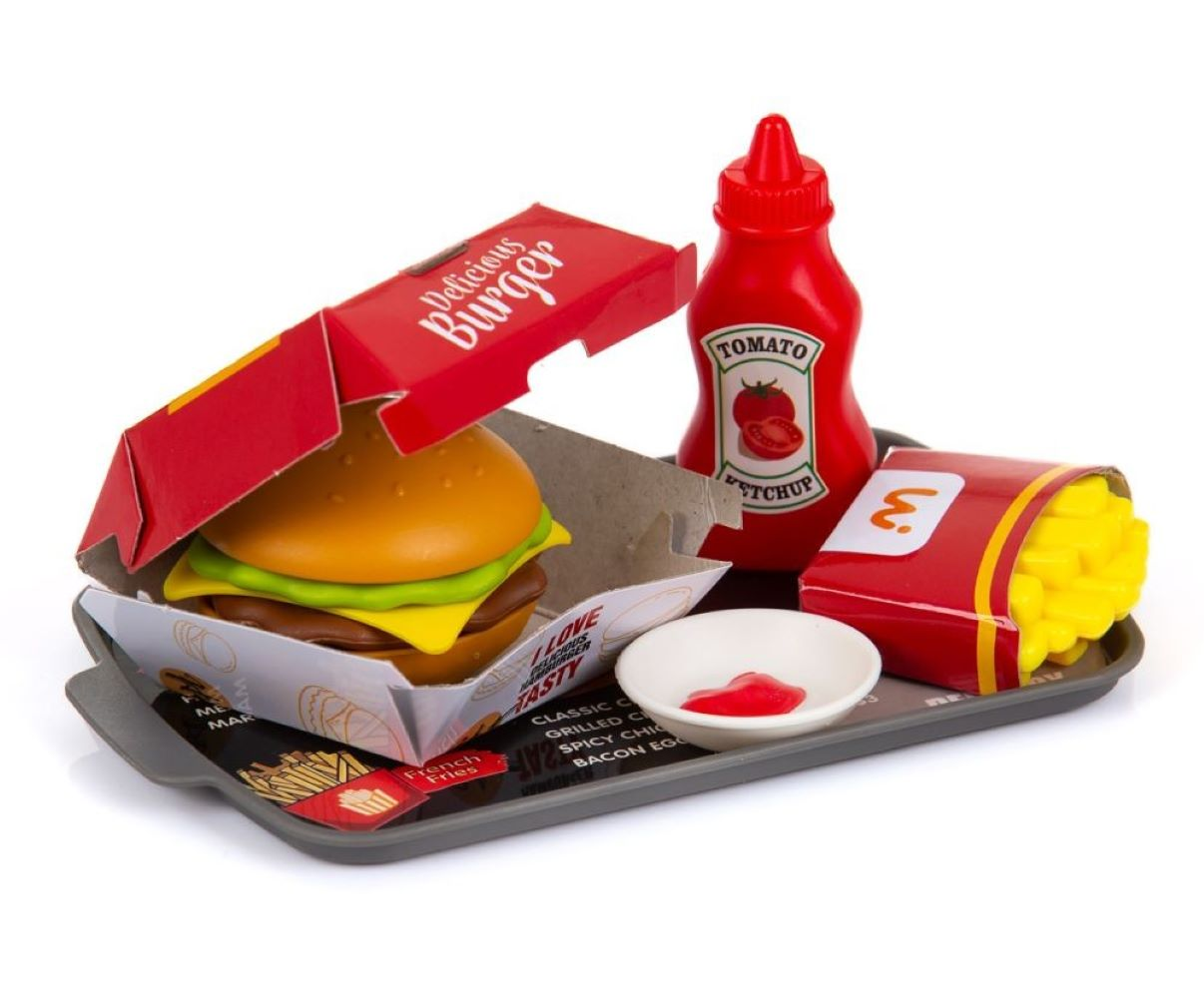 Kinderspielzeug-Fastfood-Set mit Burger in Box, Pommes, Ketchupflasche und Soßenschale auf grauem Tablett.