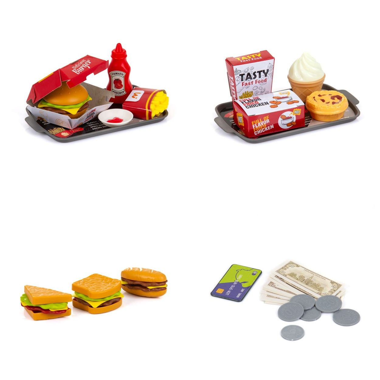 Ein Set aus Spielzeug-Fastfood, Sandwiches, Spielgeld und Kreditkarten auf weißem Hintergrund.