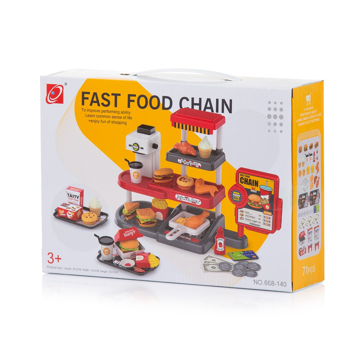 Eine Spielzeug-Fast-Food-Kette in einer bunten Verpackung mit burgern, Pommes und Getränken.