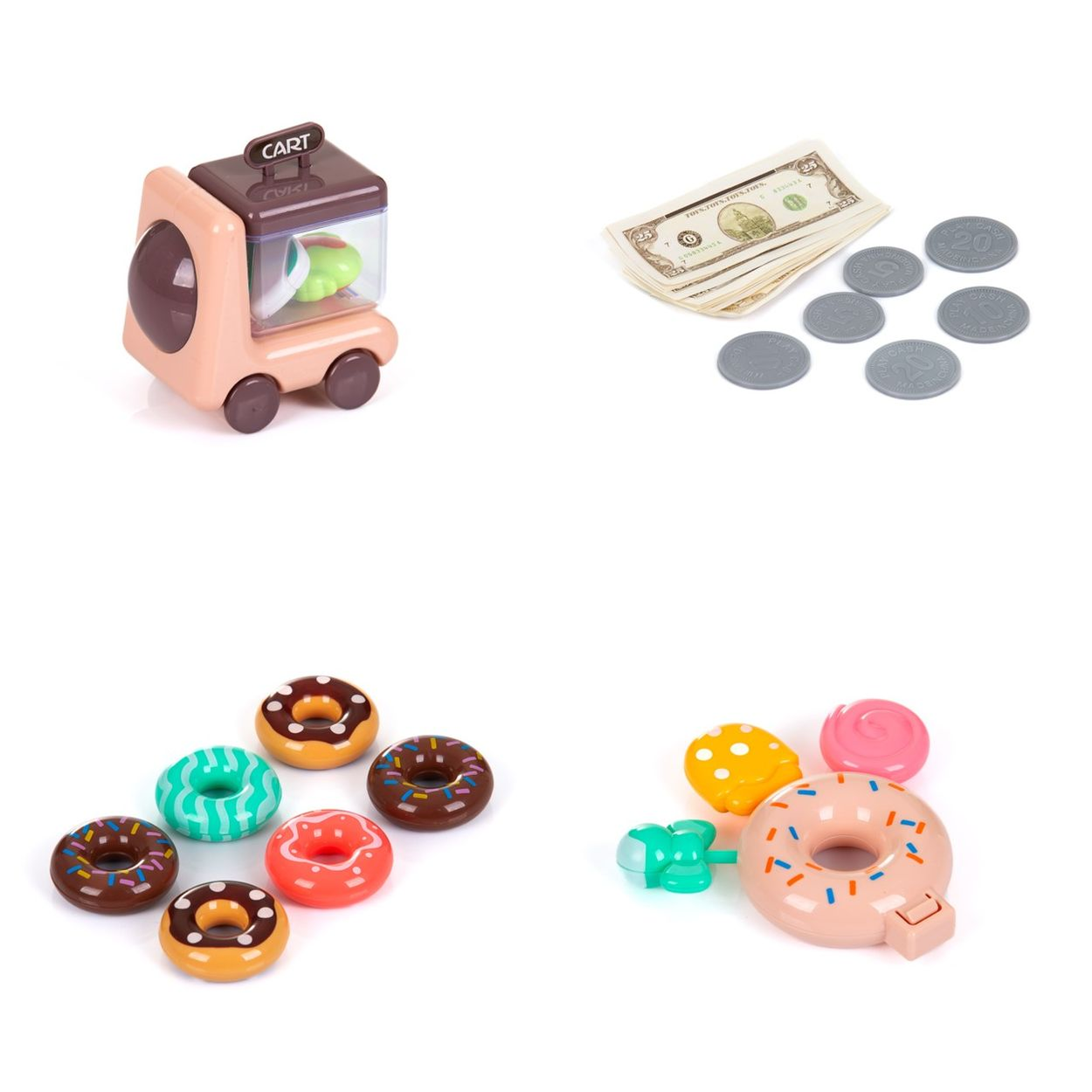 Ein Spielzeug-Warenkorb, Spielgeld, sechs bunte Donut-Spielzeuge und weiteres Zubehör auf weißem Hintergrund.