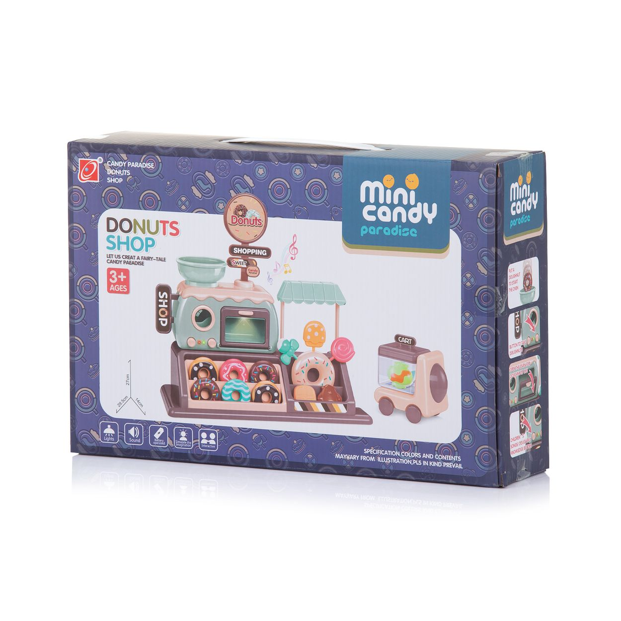 Eine bunte Spielzeug-Donut-Laden-Schachtel auf weißem Hintergrund.