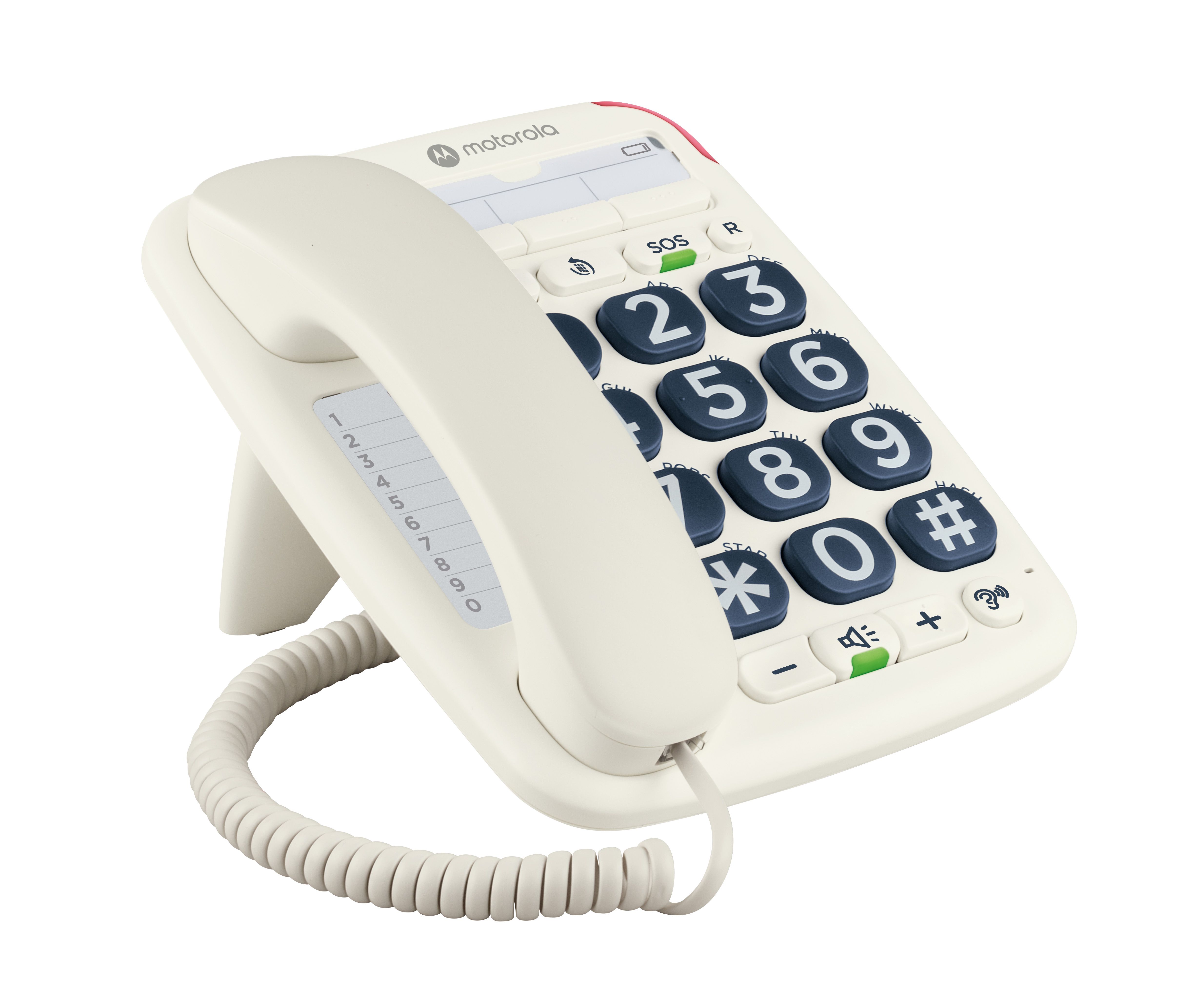 Un teléfono de escritorio Motorola blanco con botones azules muy grandes y auricular de cable.