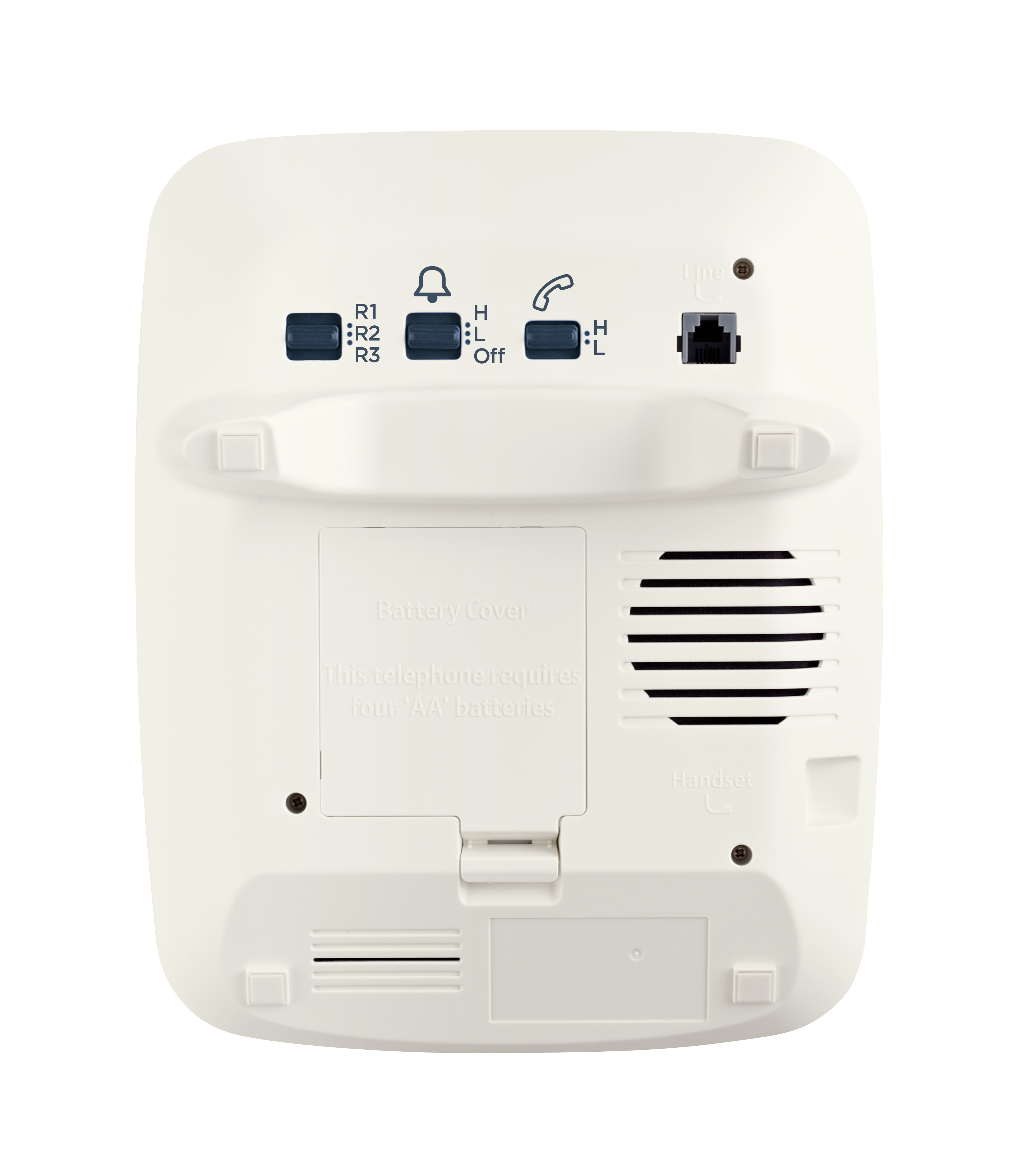 Parte inferior de un teléfono blanco con tapa de batería, interruptores y puertos sobre fondo blanco.