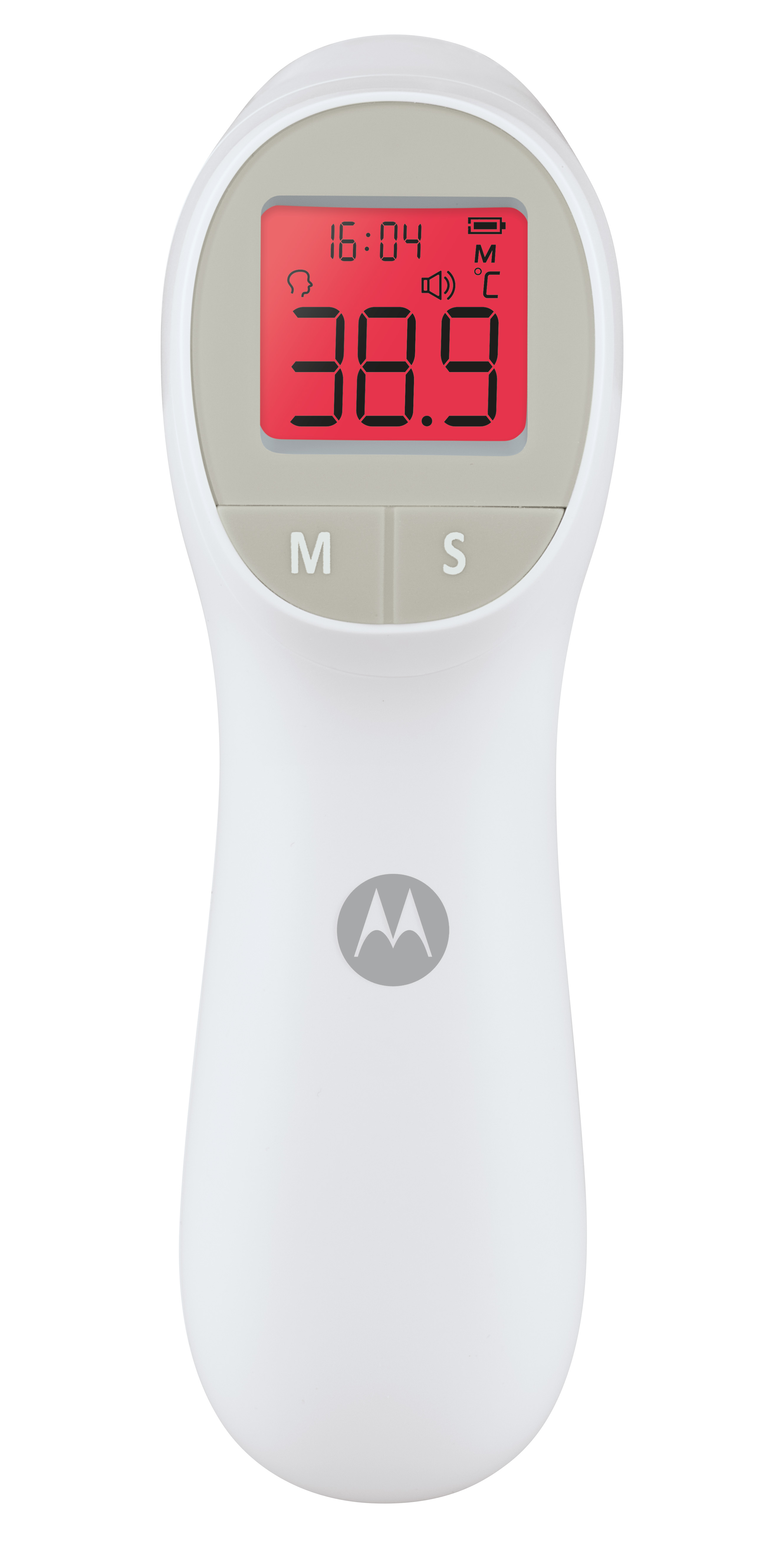 Termómetro digital blanco para la frente que muestra 38.9 grados Celsius.