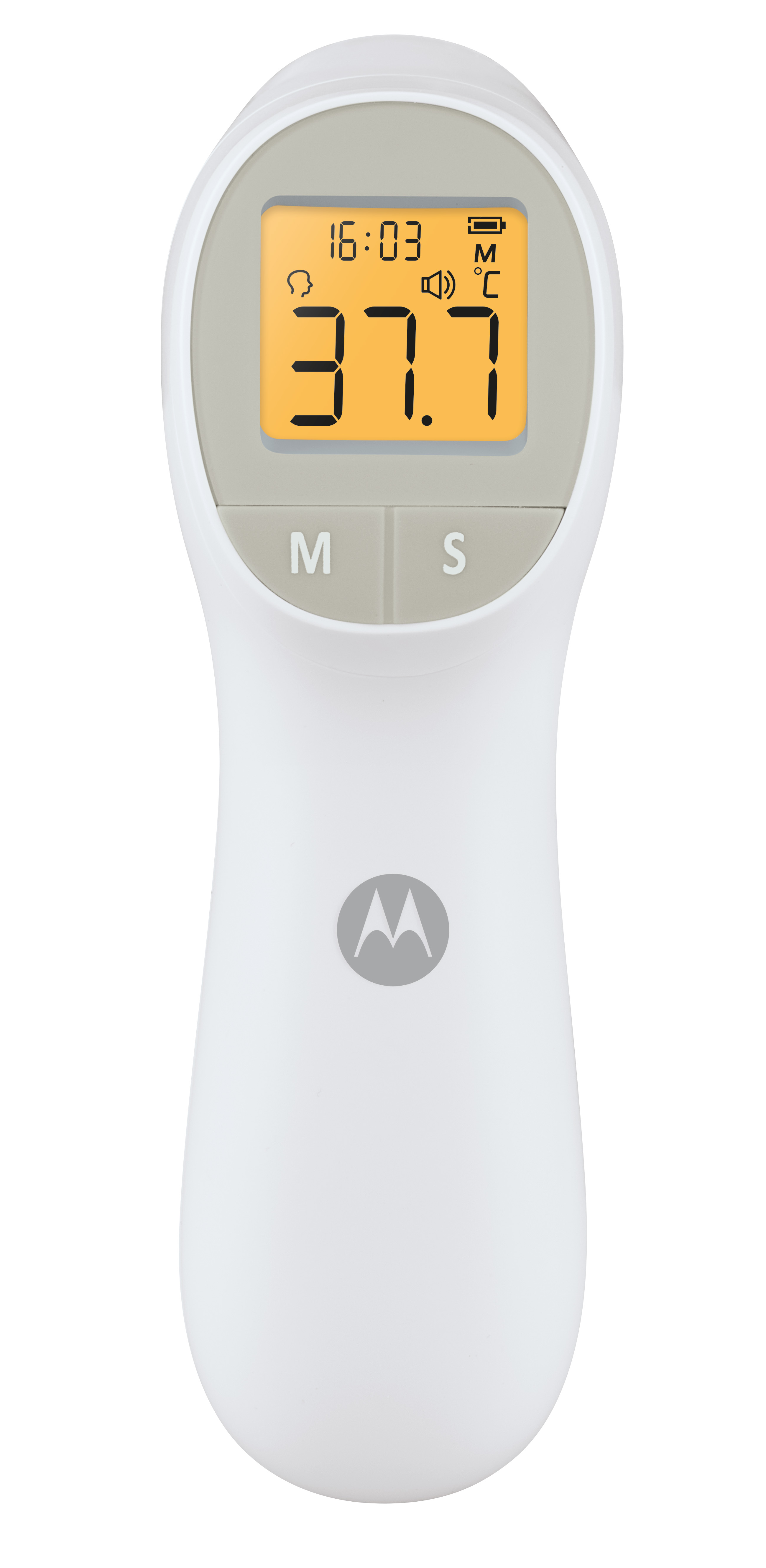 Termómetro infrarrojo digital blanco que muestra 37.7 grados Celsius, pantalla naranja y logo de Motorola.