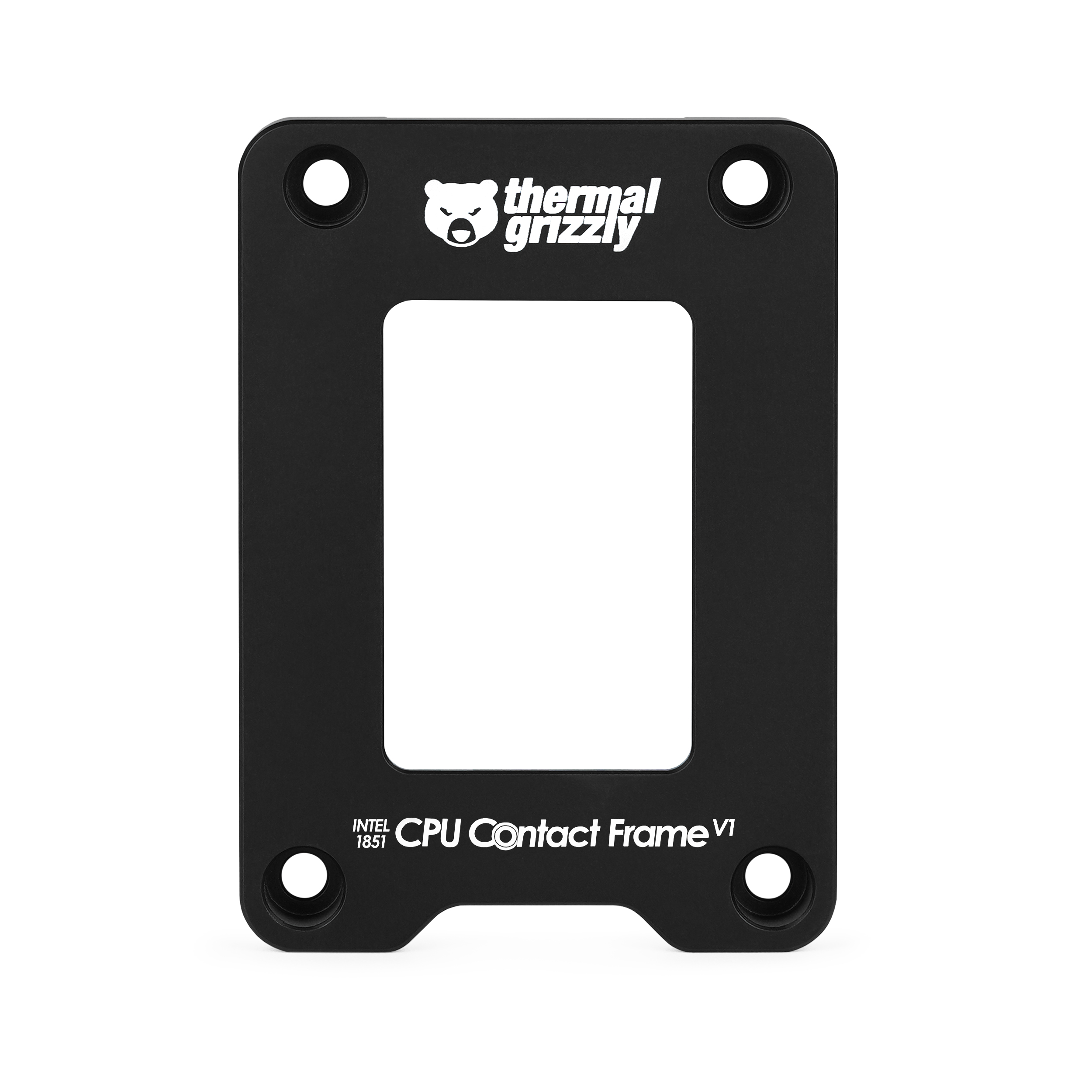 Schwarzer Thermal Grizzly Intel 1851 CPU Contact Frame V1 mit Logo und vier Befestigungslöchern.