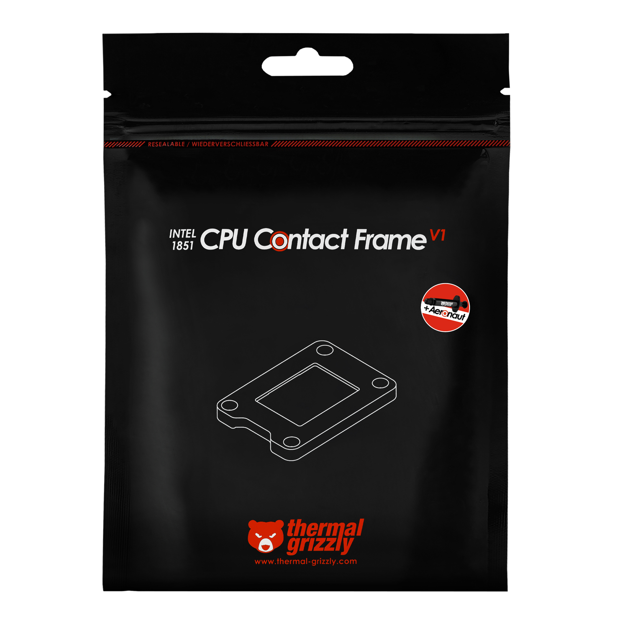 Schwarze Verpackung für Intel 1851 CPU Contact Frame mit Thermal Grizzly Logo.