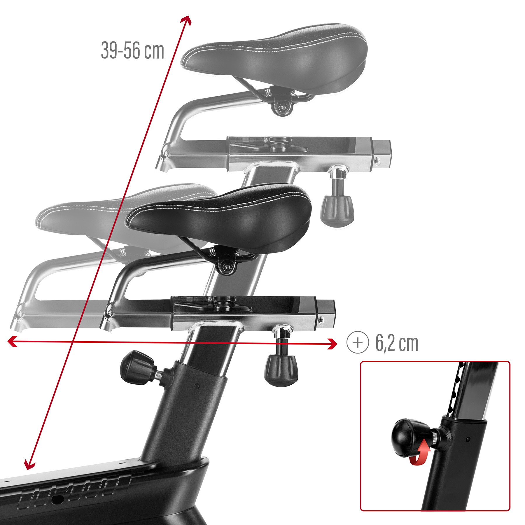 Schemat przedstawia regulację siodełka rowerowego o wymiarach 39-56 cm i 6,2 cm.