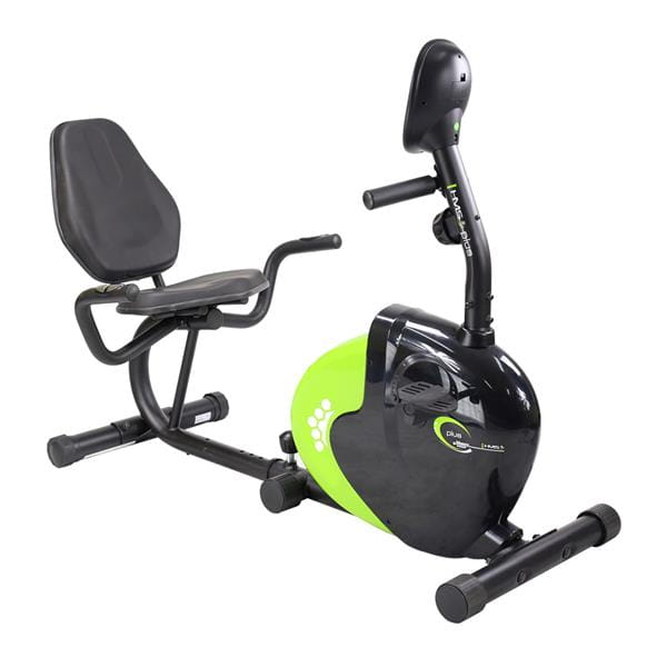 Czarno-zielony rowerek stacjonarny poziomy z wysokim oparciem na bialym tle.