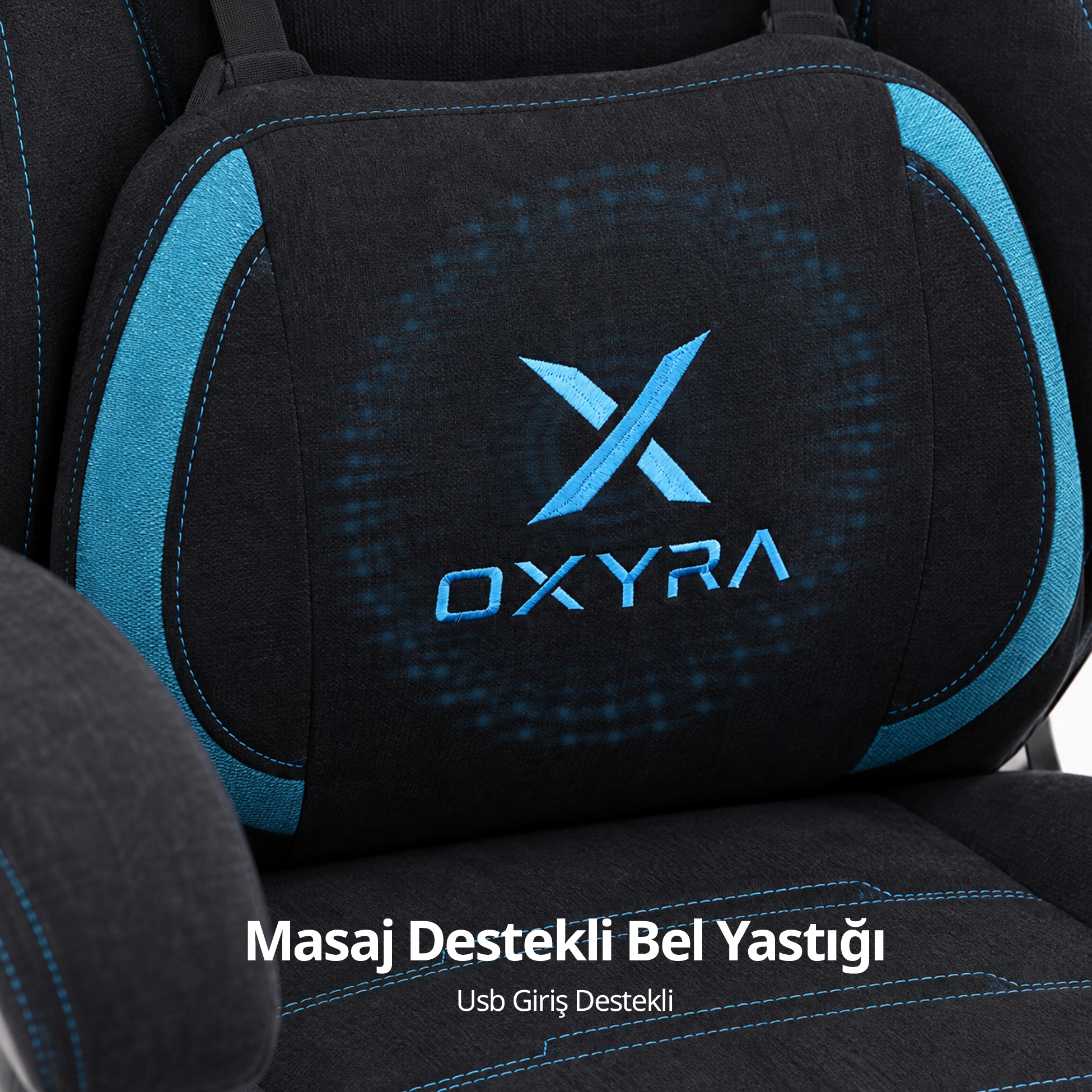 Mavi detaylı ve Oxyra logolu siyah bel destek yastığı.
