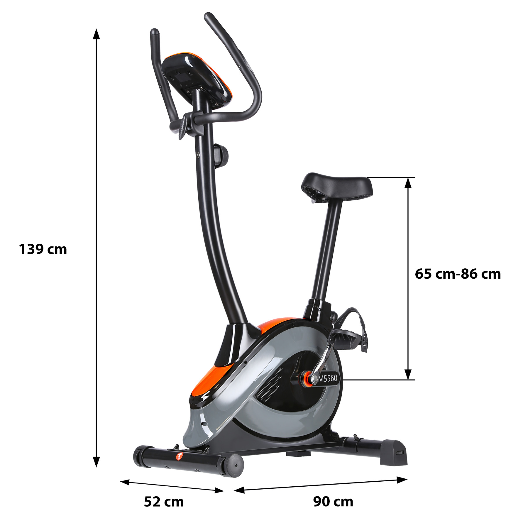 Rower stacjonarny z wymiarami wysokości i długości na białym tle.