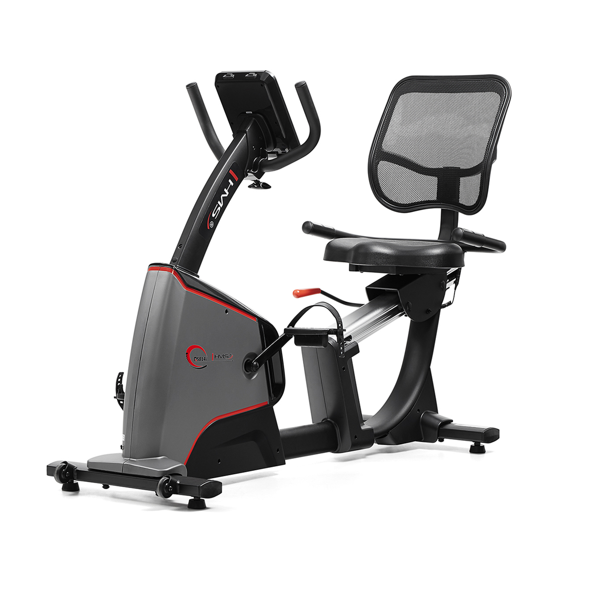 Szaro-czarny rower stacjonarny poziomy z siatkowym oparzeniem, uchwytami i konsolą cyfrową.