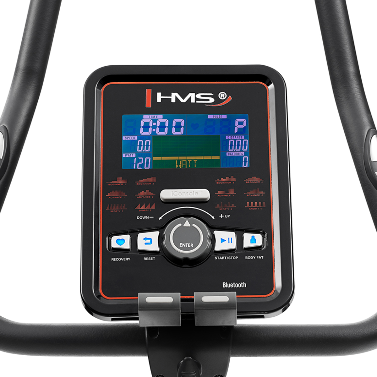 Cyfrowy panel wyświetlacza roweru stacjonarnego HMS z ekranem LCD i różnymi przyciskami.