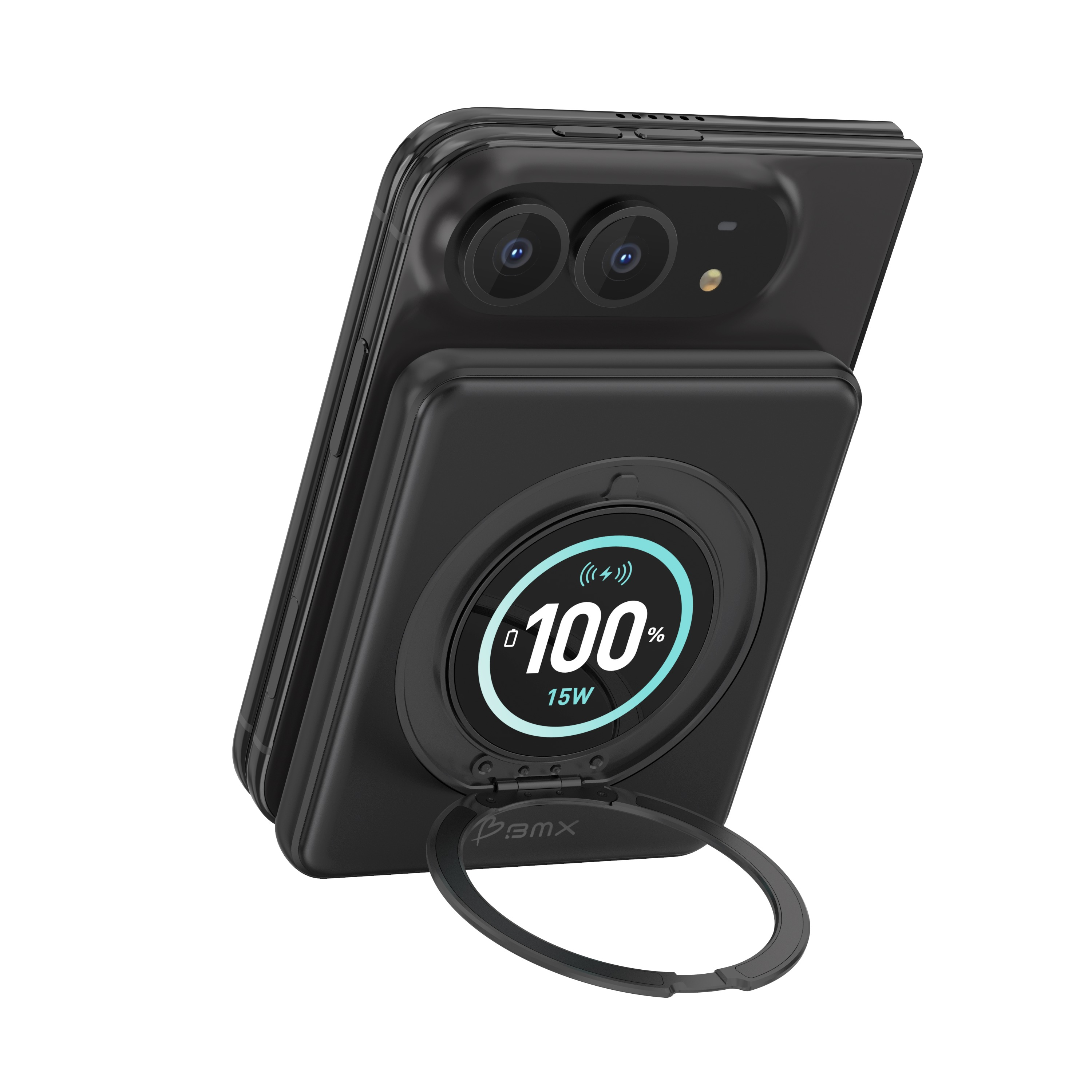 Schwarzes Smartphone mit magnetischer Powerbank auf der Rückseite, die ein leuchtendes Ladedisplay und einen Ständer zeigt.