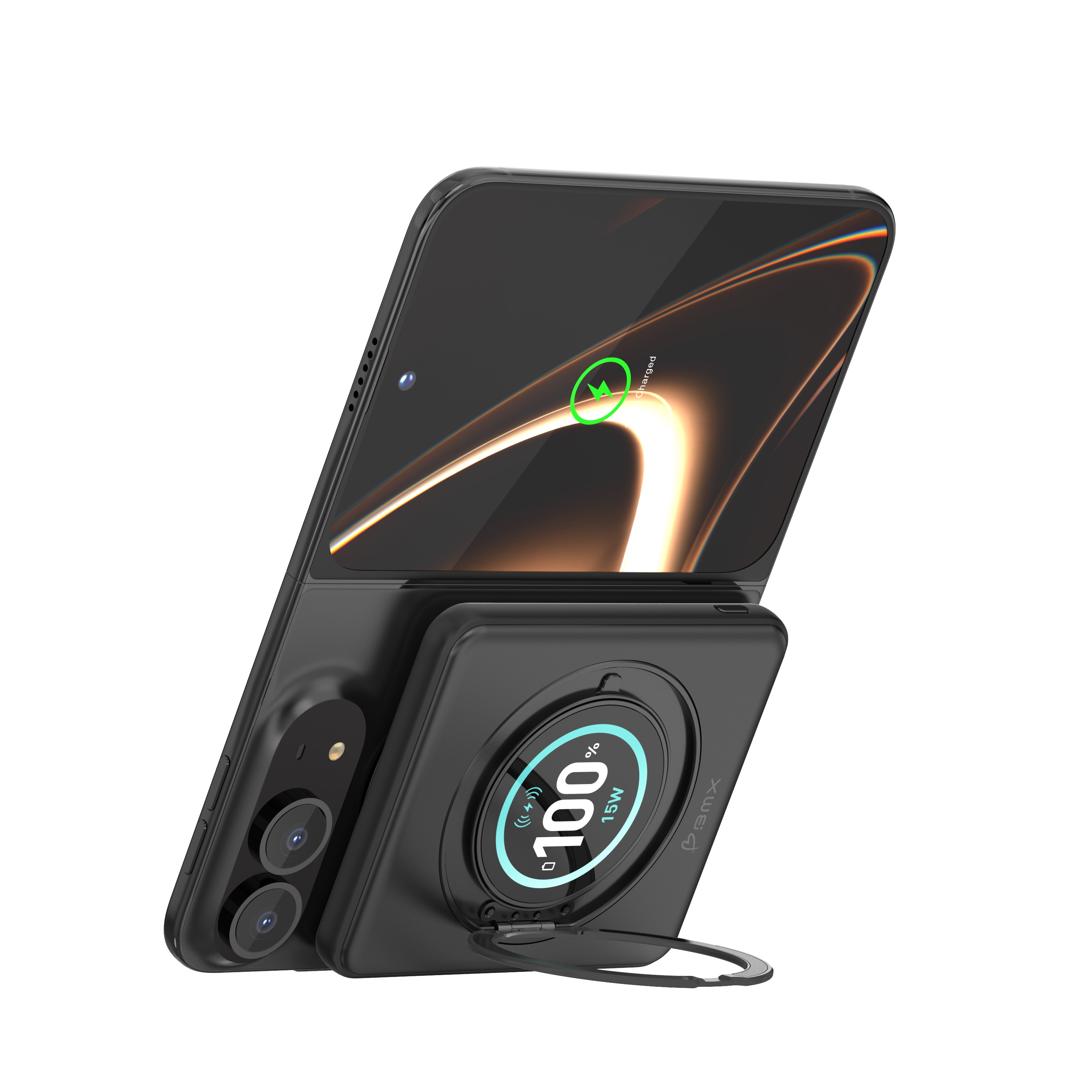 Ein schwarzes Smartphone mit magnetischer Powerbank auf der Rückseite, die 100% Ladung auf dem runden Display anzeigt.