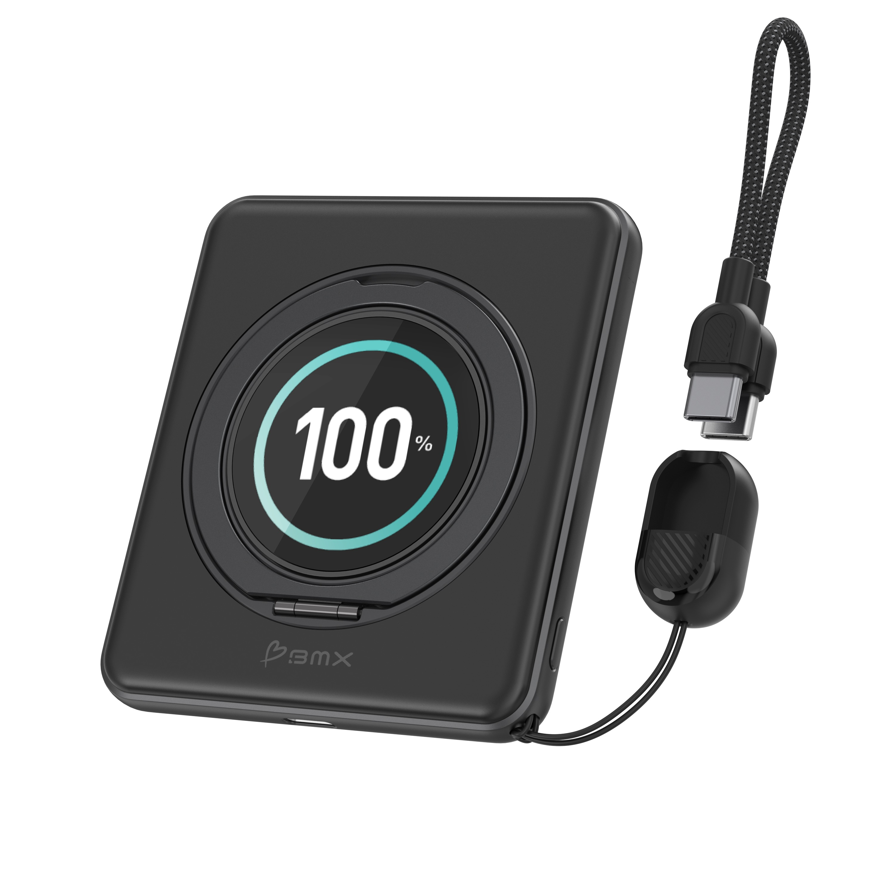 Schwarze Powerbank mit Display zeigt 100% und ein integriertes Ladekabel mit Schlaufe.