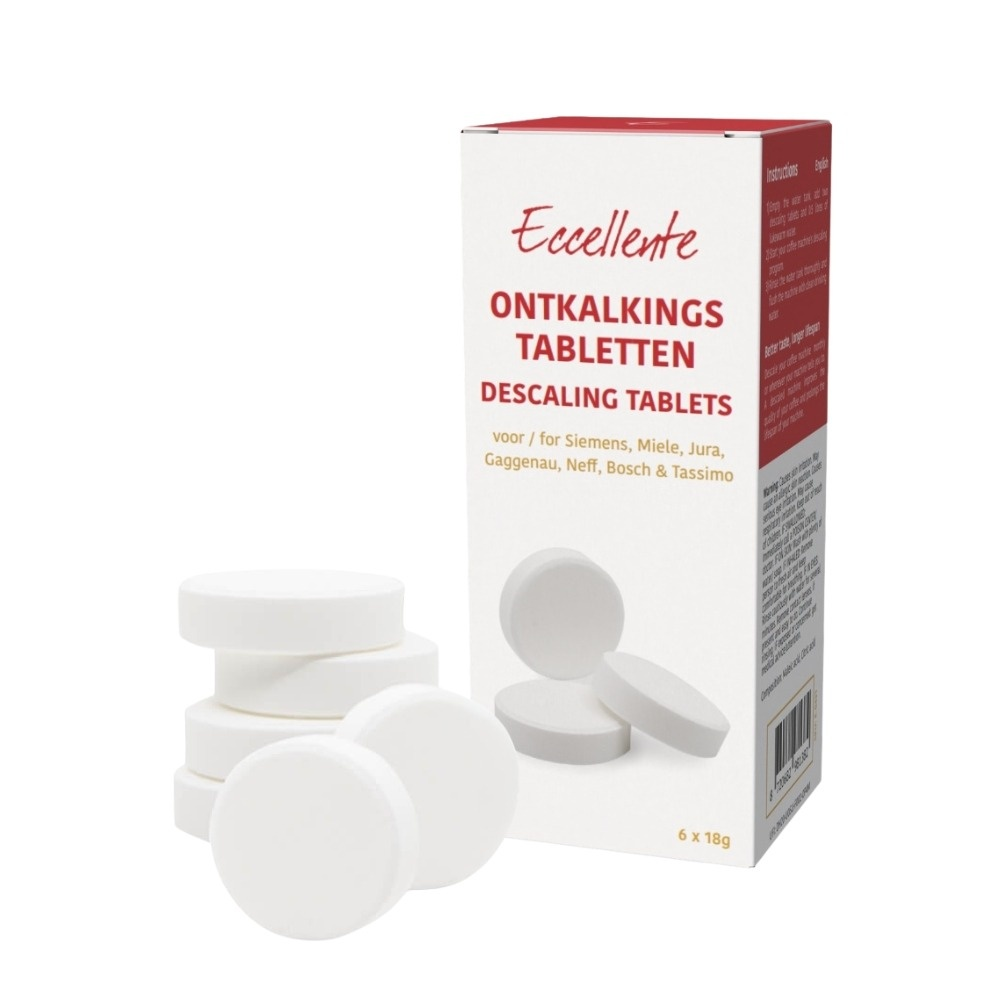 A box of Eccellente descaling tablets with a stack of white tablets in front on a white background.
