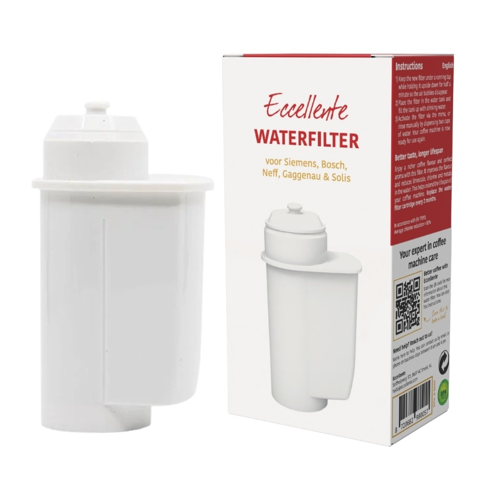 A white Eccellente water filter stands next to its product packaging with instructions.