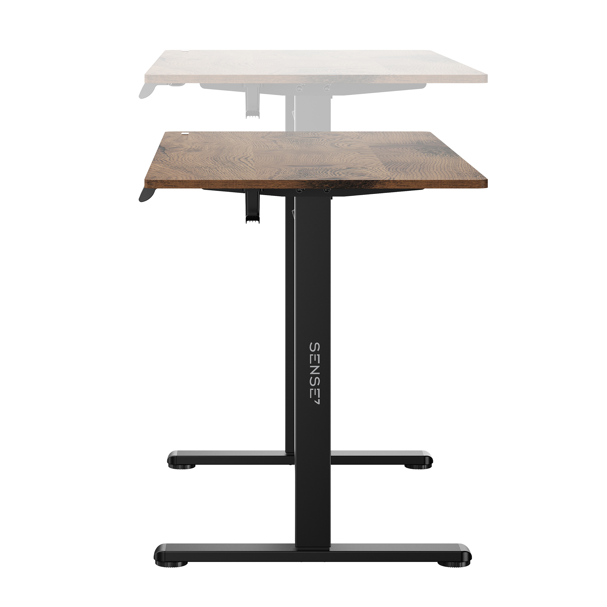 Escritorio de madera ajustable en altura con estructura de metal negro.