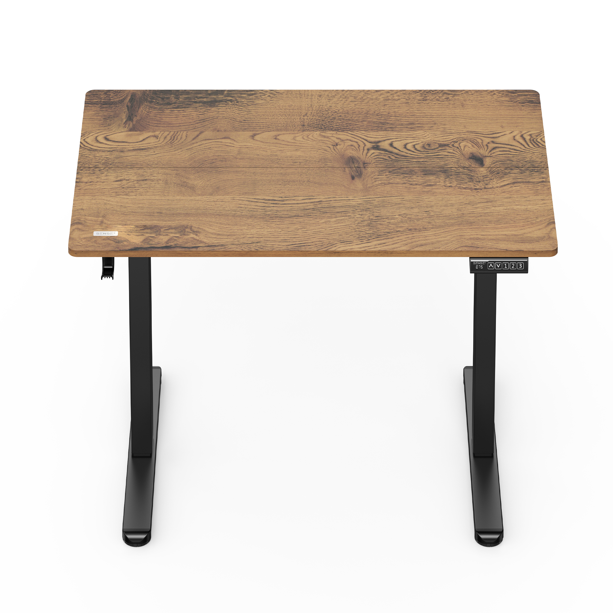 Un escritorio ajustable de pie con tapa de madera y patas de metal negro sobre fondo blanco.