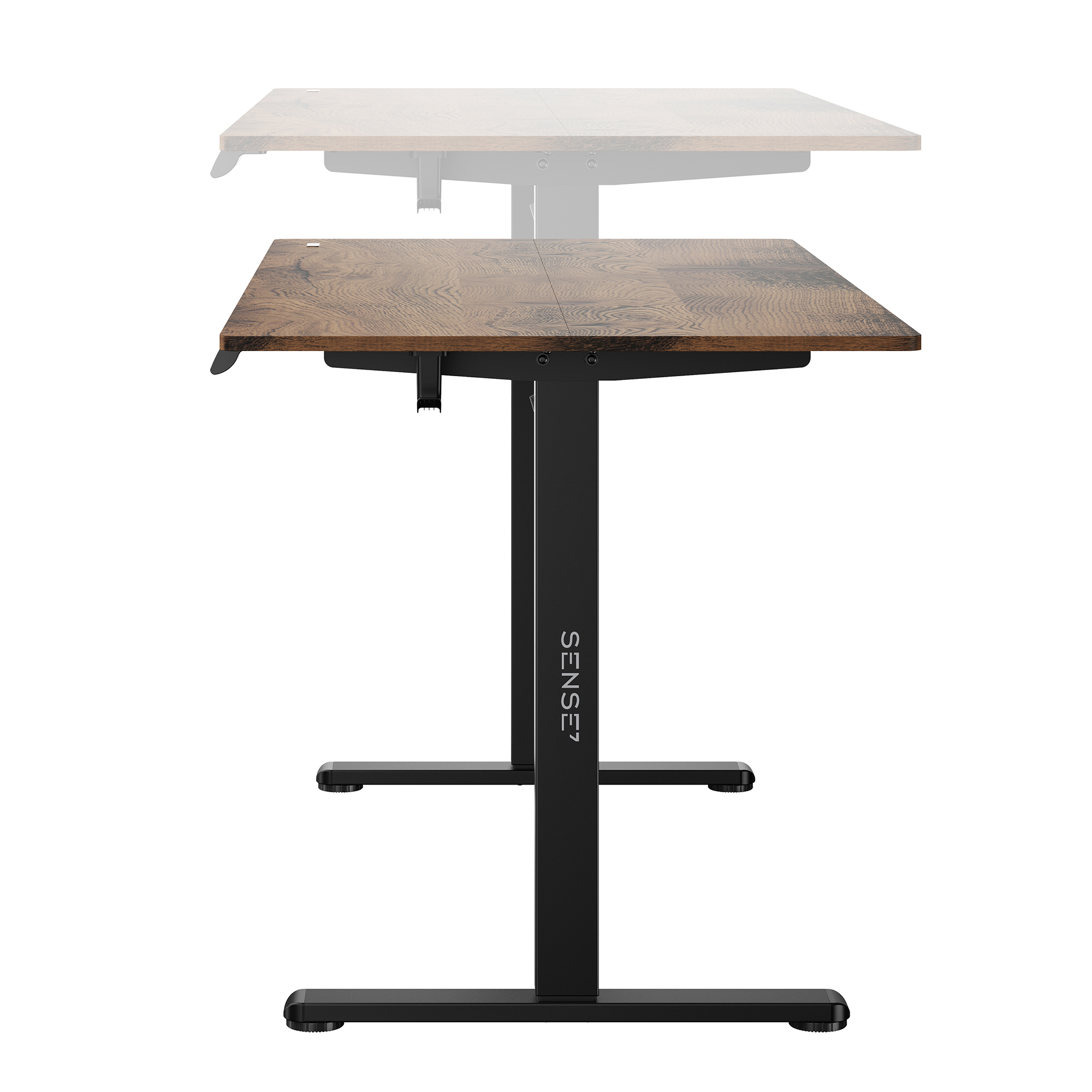 Escritorio ajustable con tablero de madera oscura y estructura de metal negro.