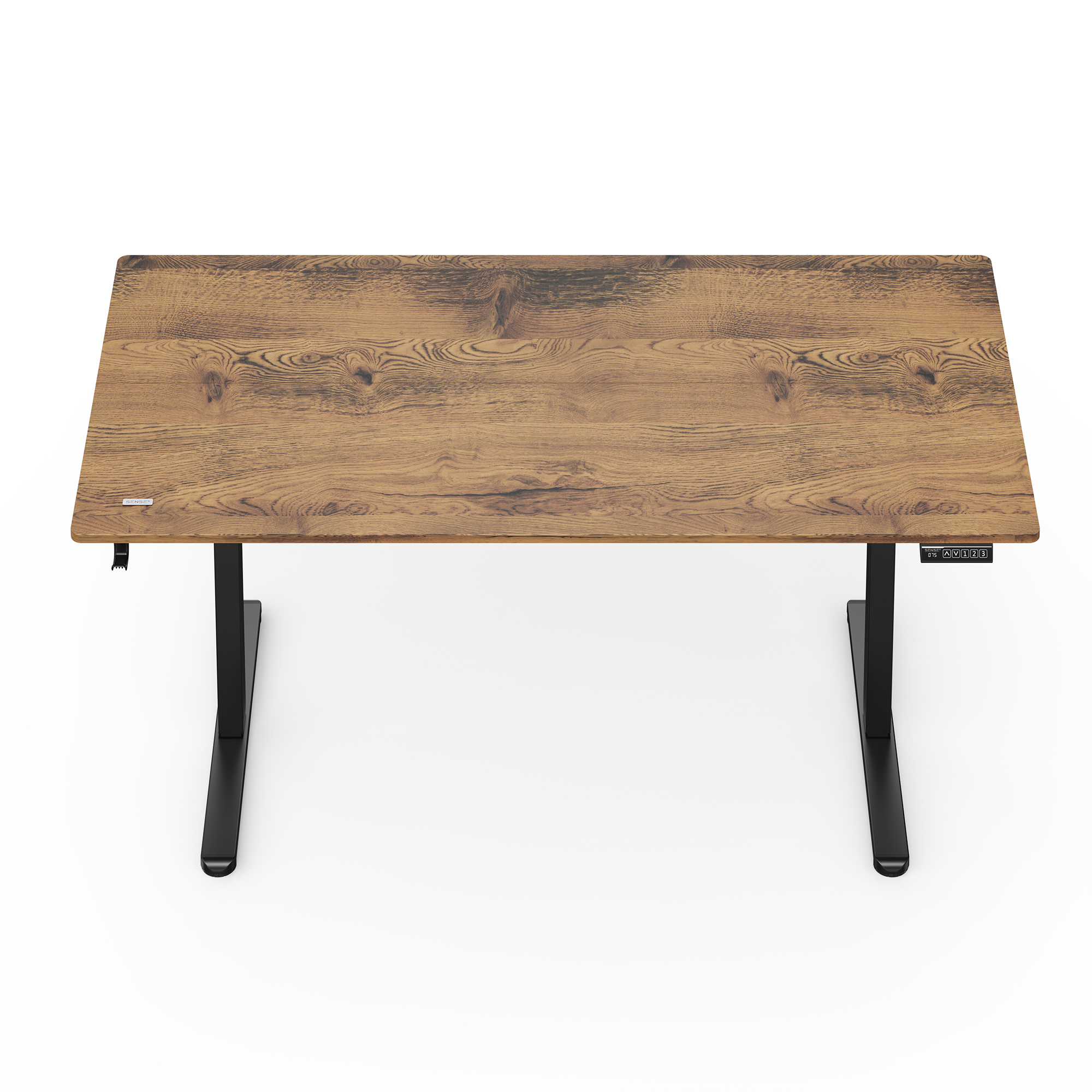 Un escritorio elevable con tablero de madera y patas de metal negro sobre fondo blanco.
