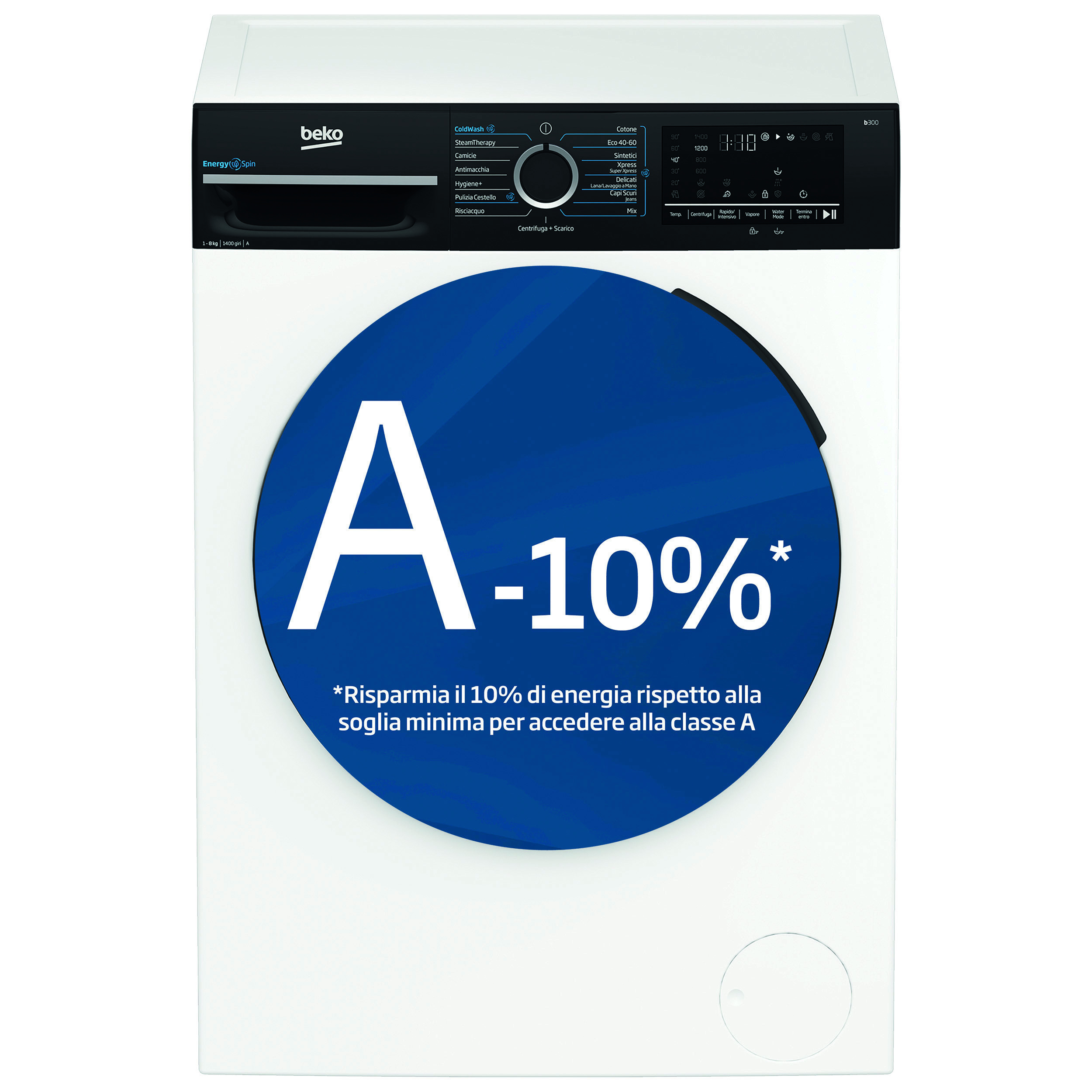 Lavatrice bianca Beko con un grande adesivo blu di etichetta energetica A-10 percento sullo sportello.