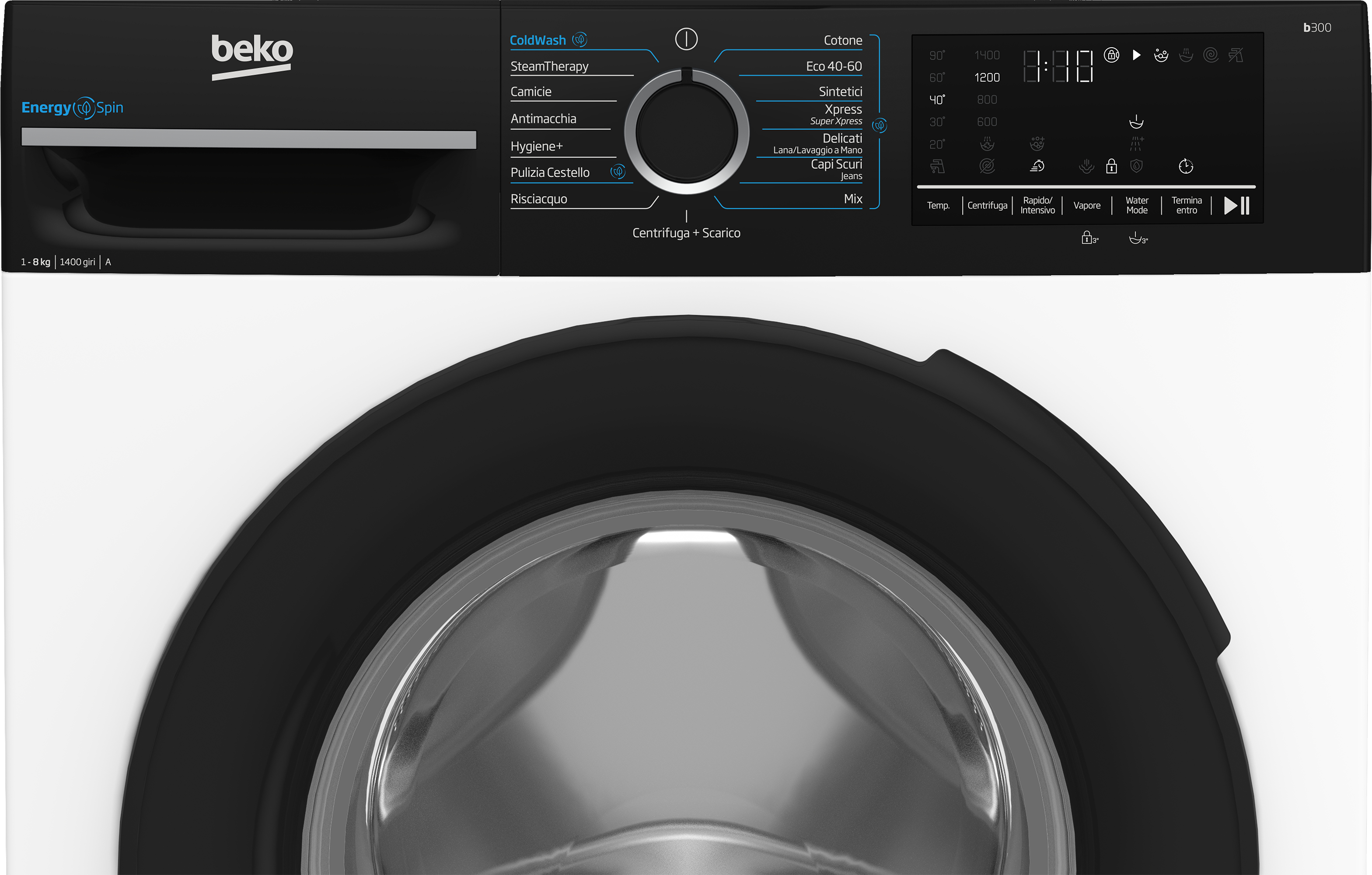 Vista frontale di una lavatrice Beko bianca con pannello di controllo nero e oblò in vetro tondo.