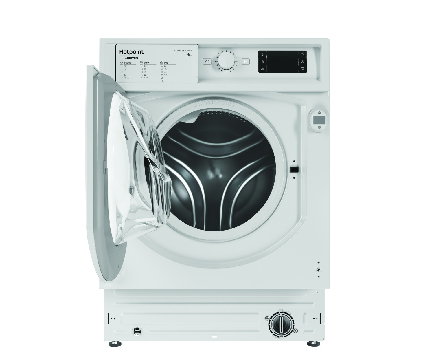 Lavatrice bianca Hotpoint con porta aperta, display digitale e manopola su sfondo bianco.