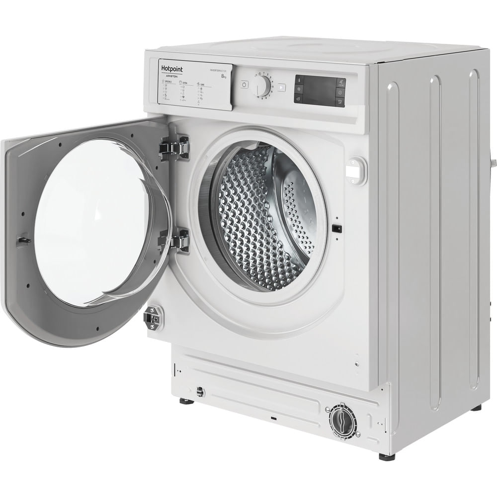 Una lavatrice bianca Hotpoint con sportello oblò aperto e cestello in acciaio inox visibile.