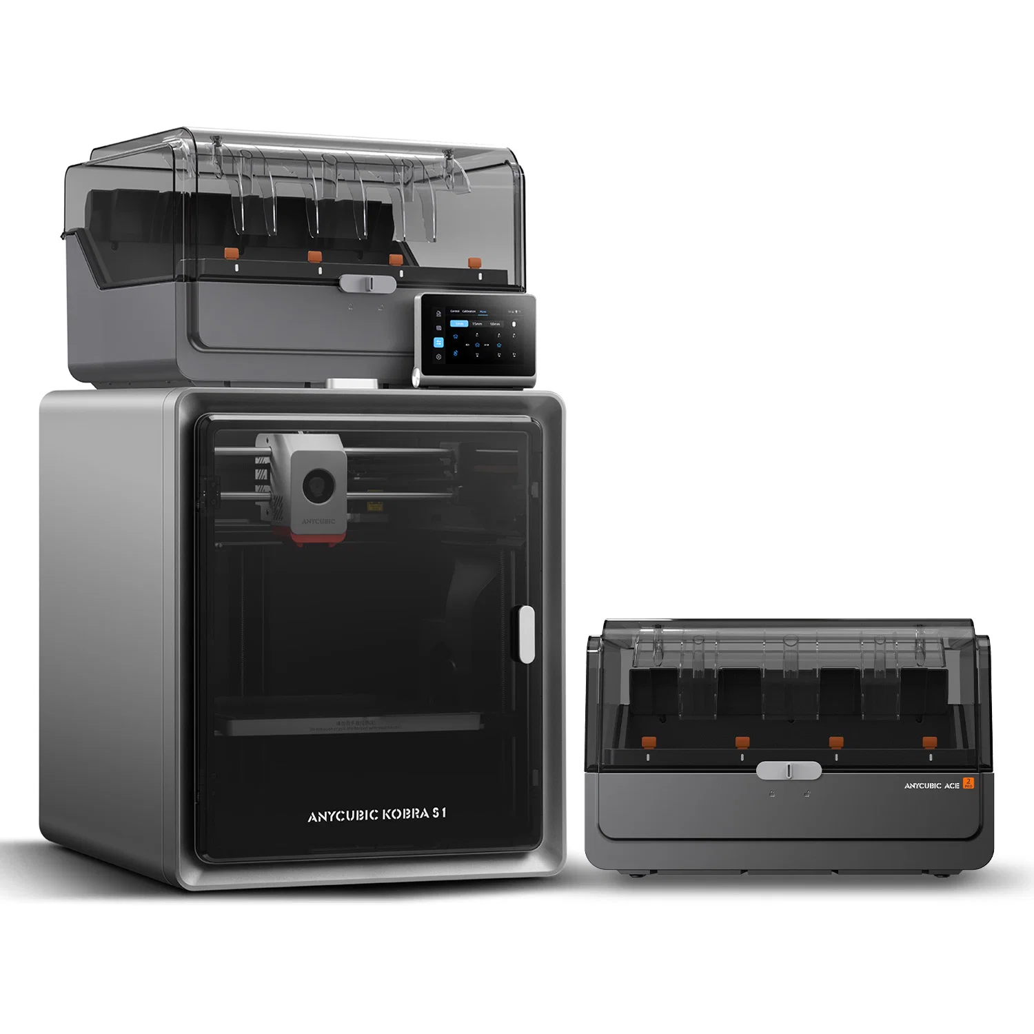 Modern gri renkli, ekli ve ayrı filament kurutuculu Anycubic Kobra S1 3D yazıcı.
