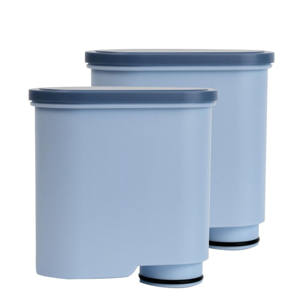 Two blue water filters with dark lids on a white background.