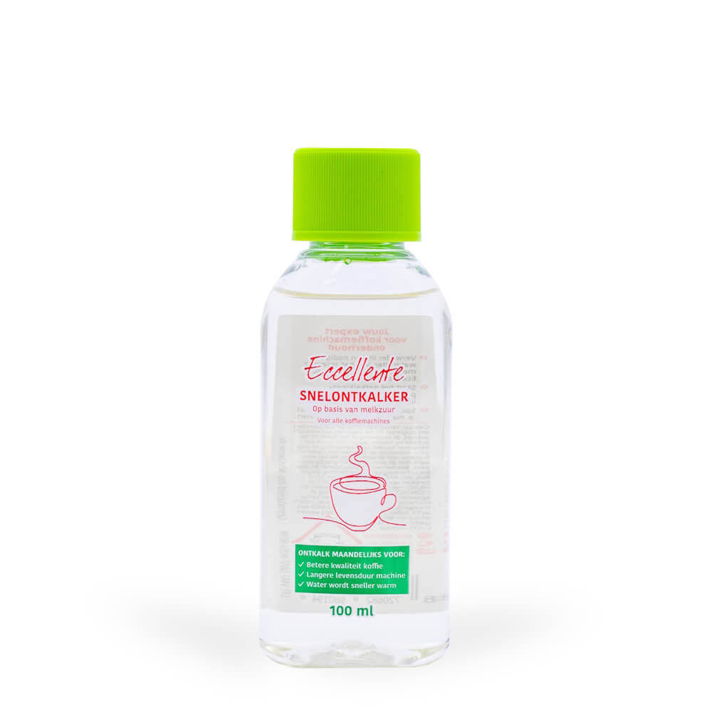 A 100 ml bottle of Eccellente descaler with a green cap and red label featuring a coffee cup icon.
