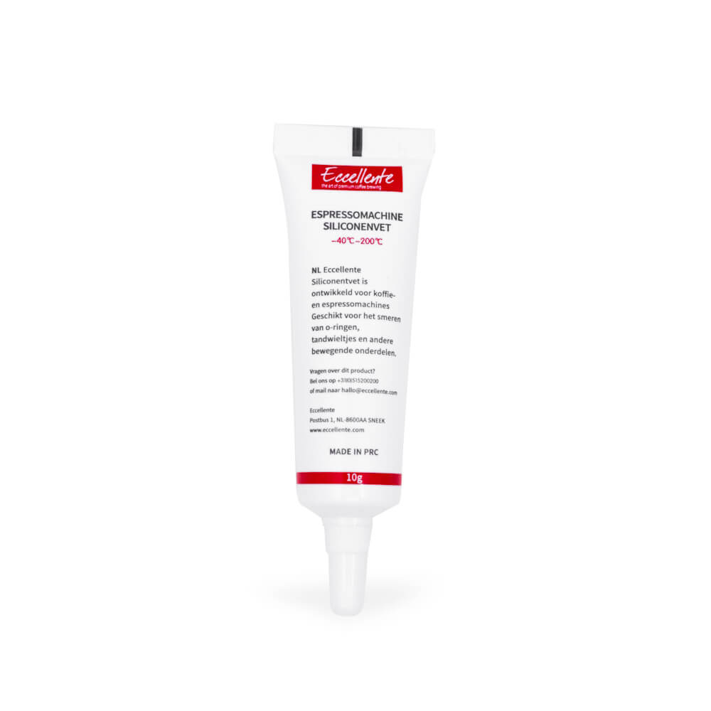 A white tube of Eccellente silicone grease for espresso machines with red accents.