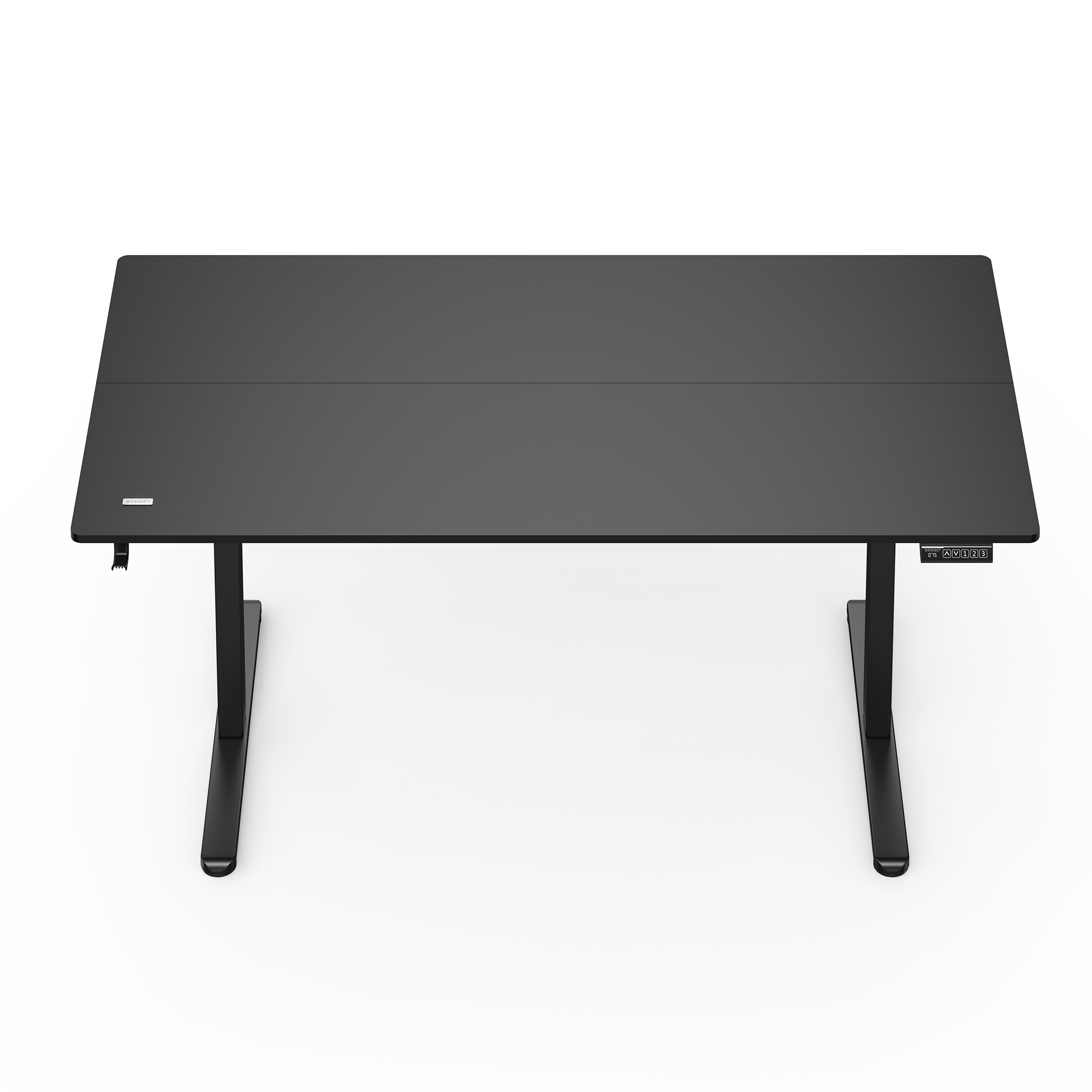 Un moderno escritorio de pie negro sobre fondo blanco con panel de control digital.
