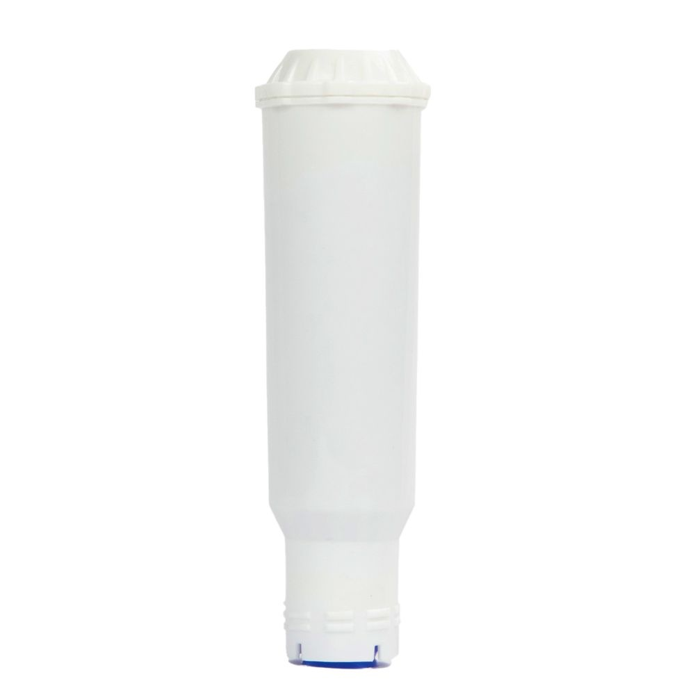 A vertical white cylindrical water filter cartridge with a ribbed top and a blue base on a white background.