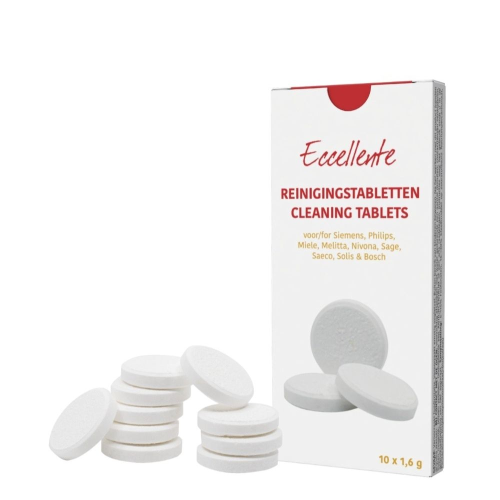 A white box of Eccellente cleaning tablets with several white tablets in front.