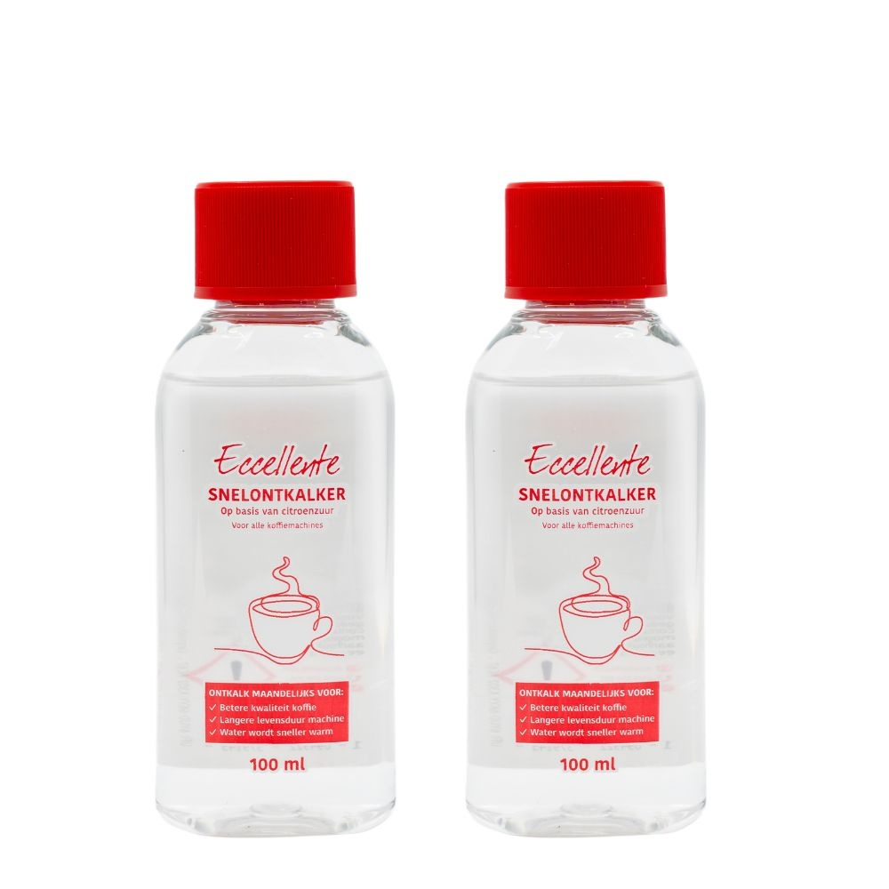 Two small bottles of Eccellente quick descaler with red caps and a coffee cup graphic on white.