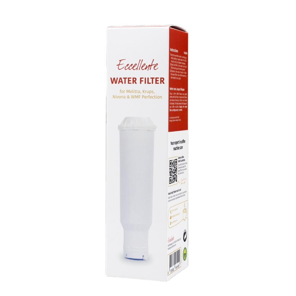 A white box with red text reading "Eccellente WATER FILTER" and an image of the filter.