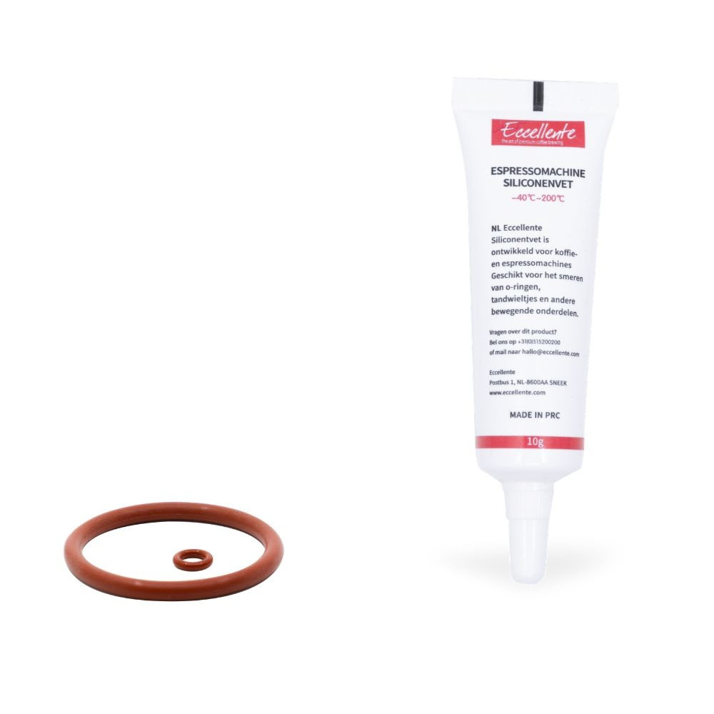 A tube of Eccellente silicone grease and two red o-rings on a white background.