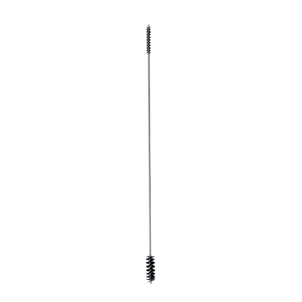Long, thin metal wire brush with bristles at both ends on a white background.